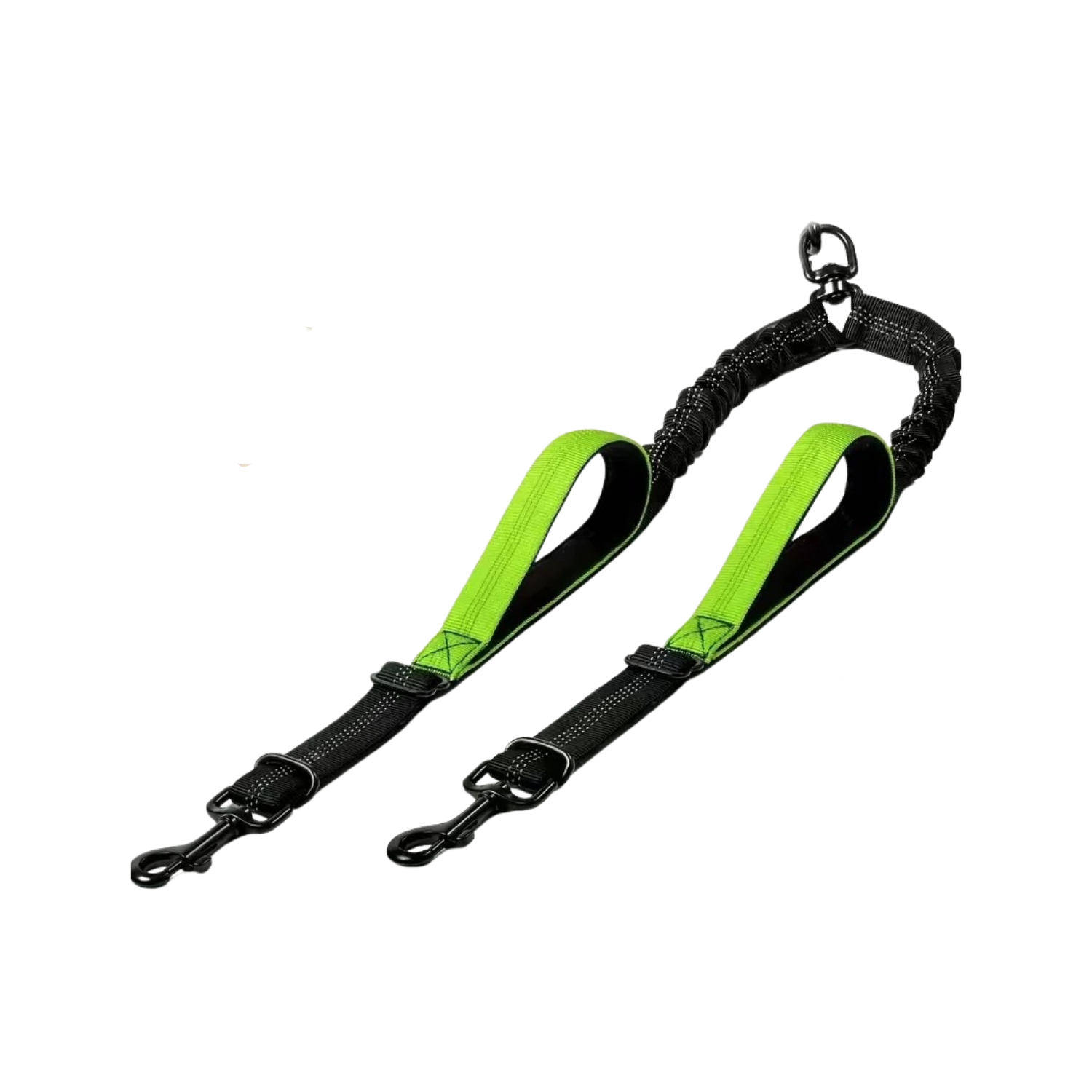 Laisse double verte avec poignées confort pour chien, attaches solides pour collier ou gamelle.