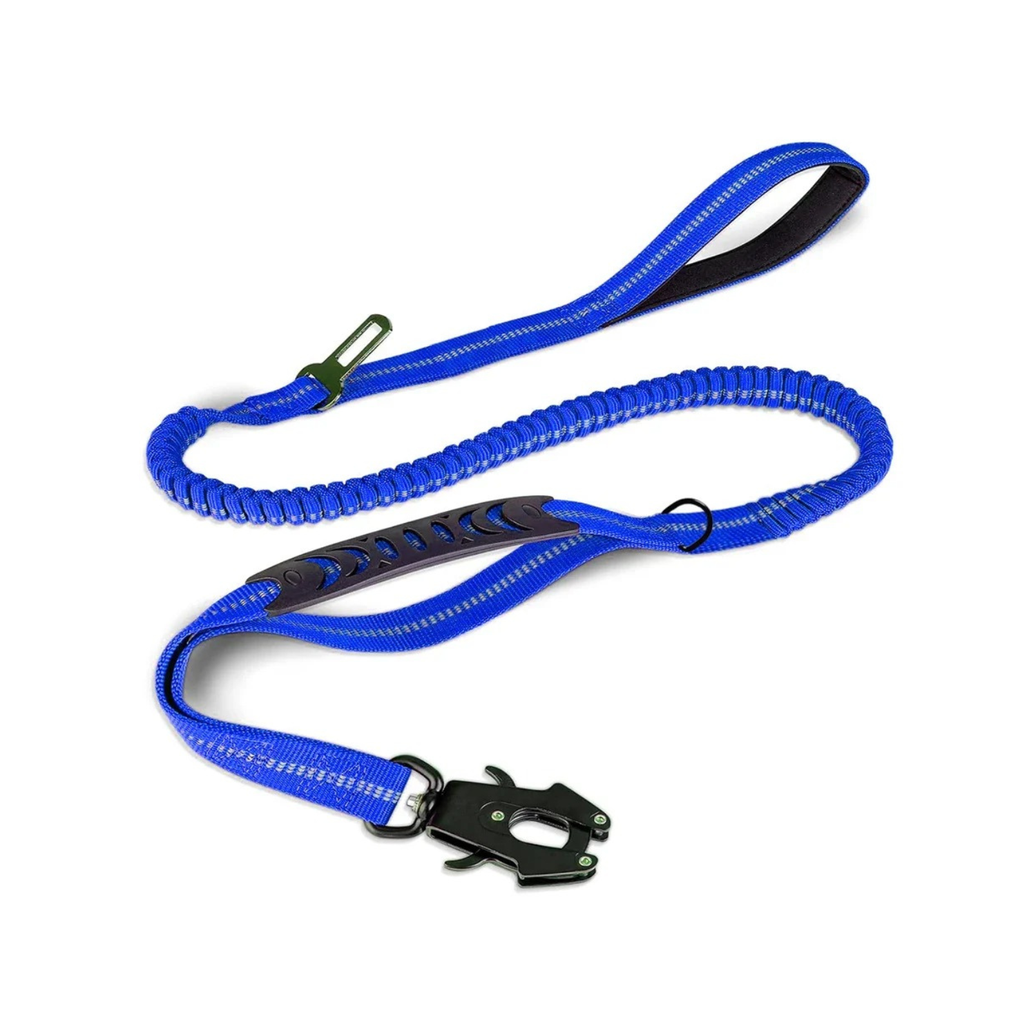 Laisse bleue pour chien avec absorbe-chocs et attache ceinture sécurité.
