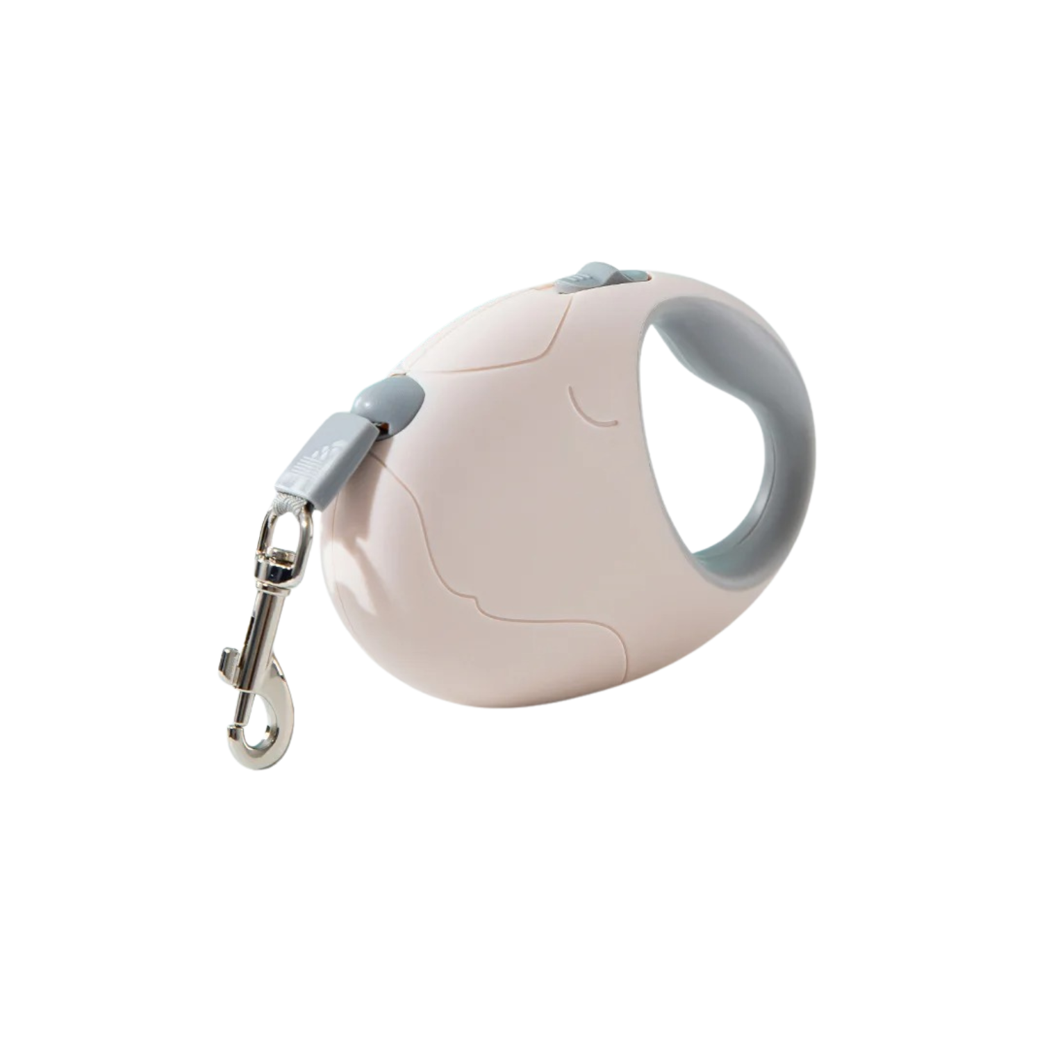 Laisse enrouleur rose pastel avec poignée ergonomique et attache métallique pour chien.