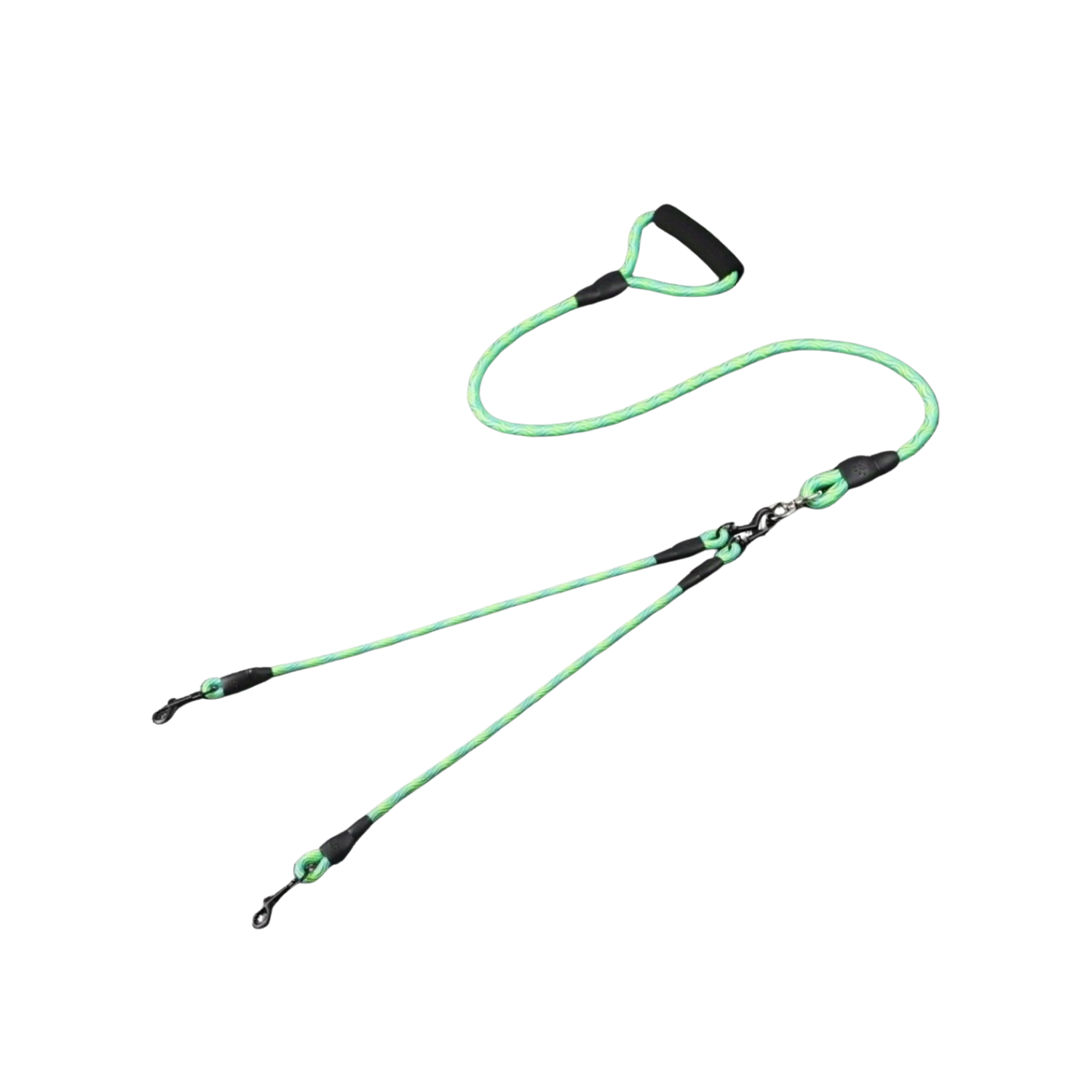 Laisse double verte en nylon avec poignées confortables pour deux chiens.