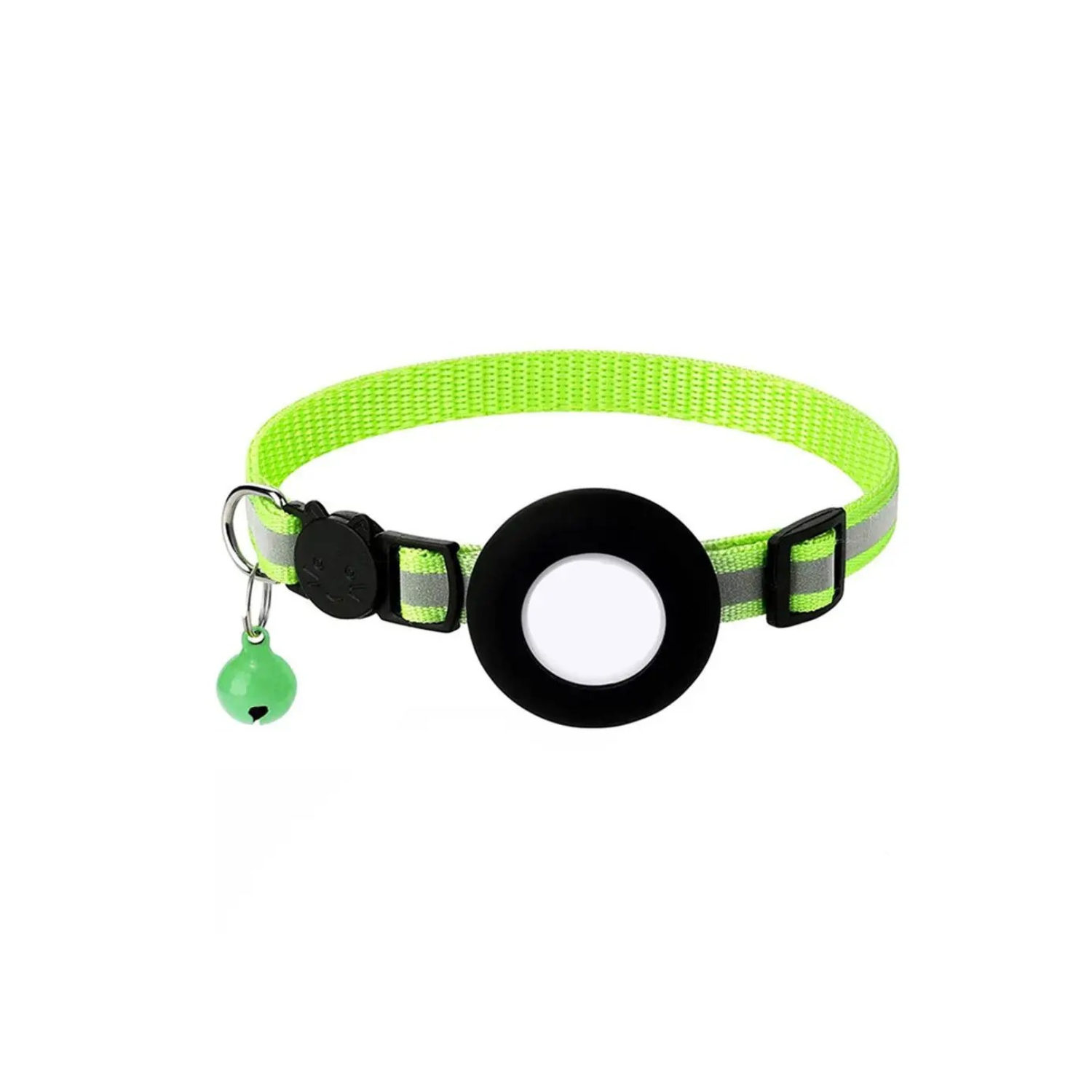 Collier chien vert fluorescent avec porte AirTag réfléchissant et petite clochette verte.