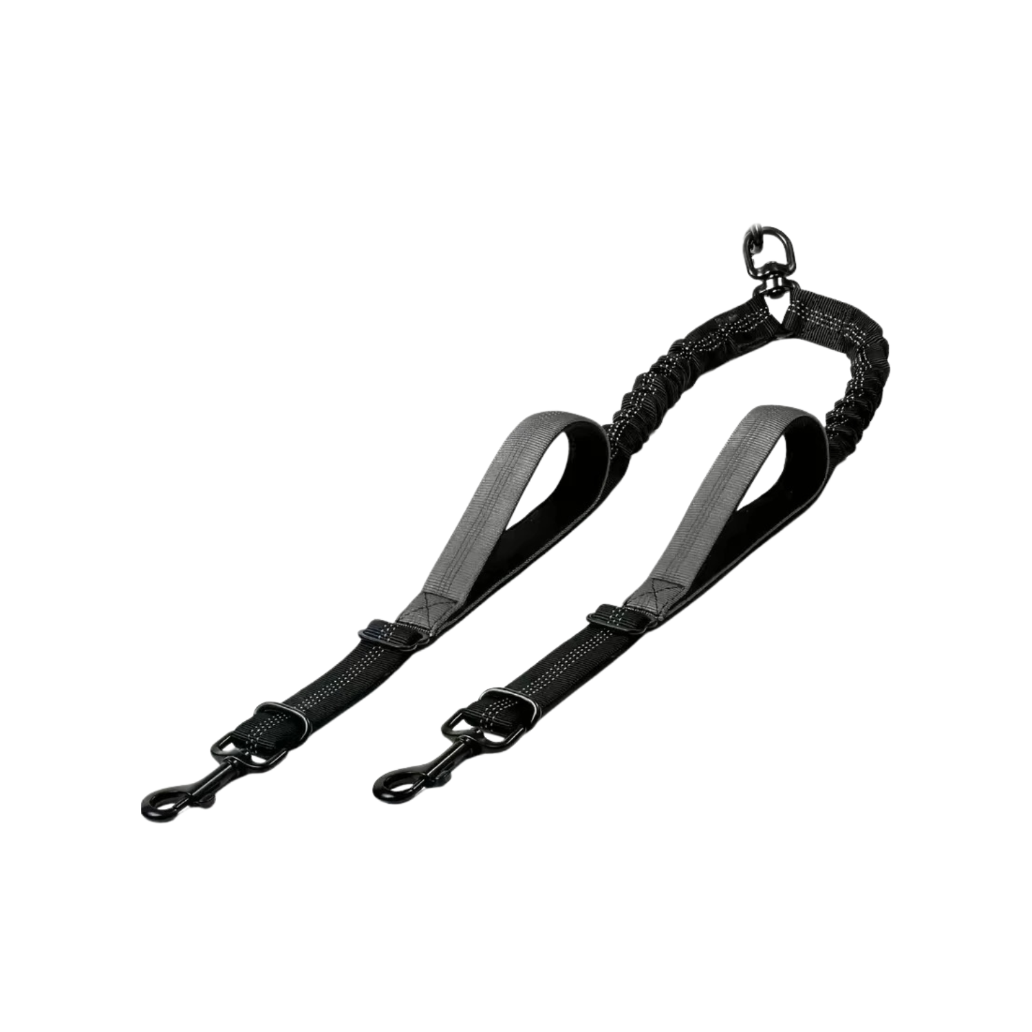 Laisse double noire avec poignées confort pour chien, attaches robustes en métal.
