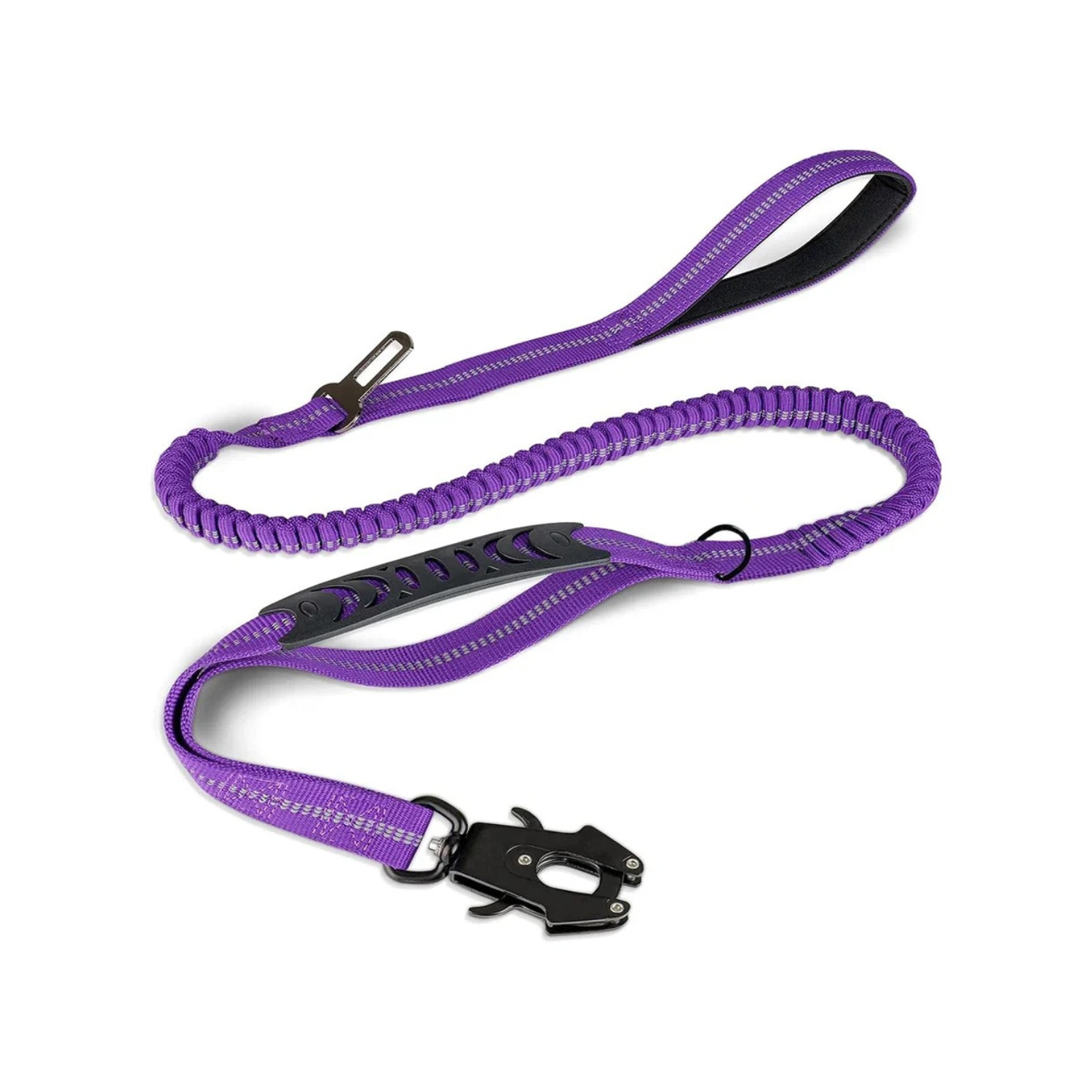 Laisse pour chien violette avec amortisseur et poignée antidérapante.