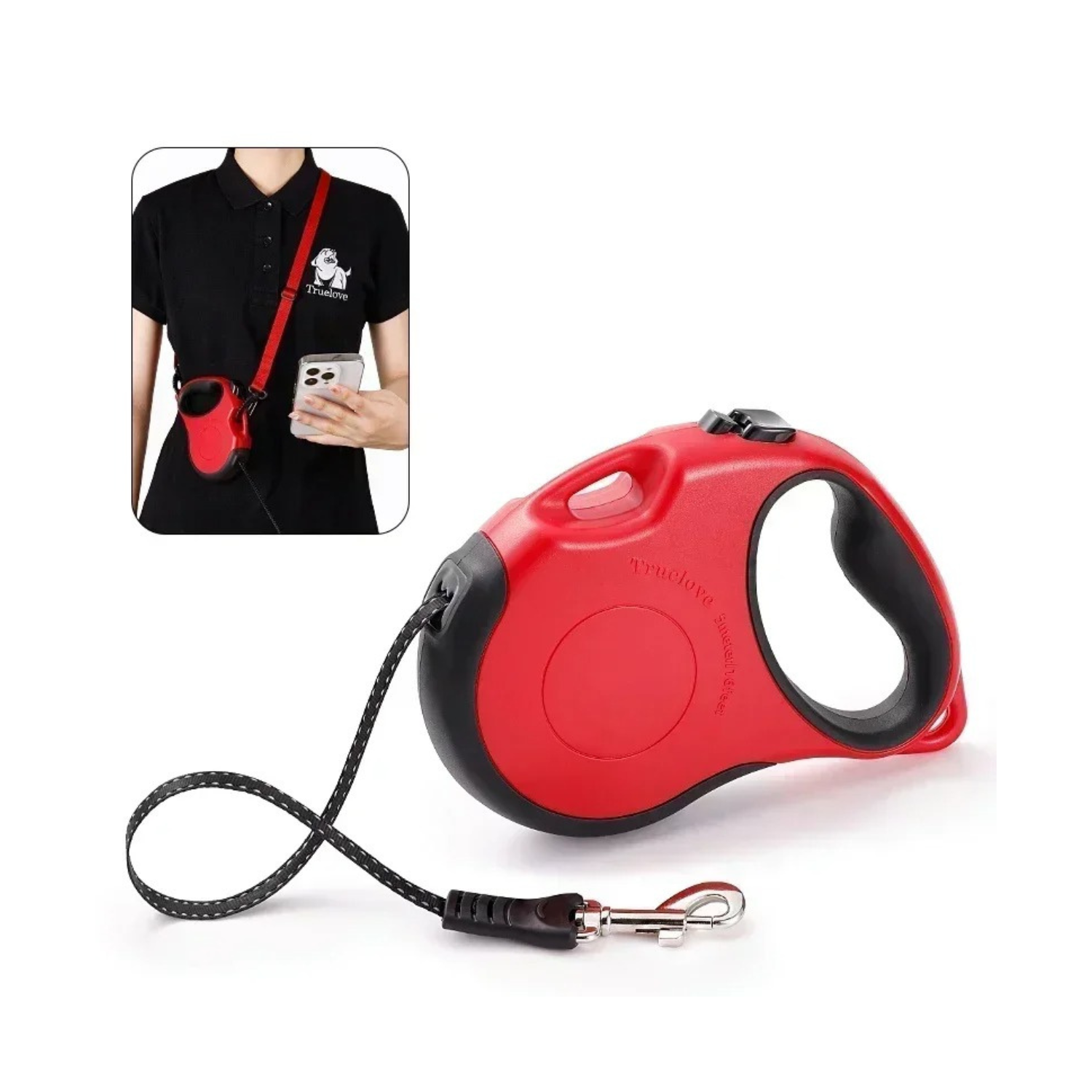 Laisse enrouleur rouge et noir avec poignée ergonomique pour chien.