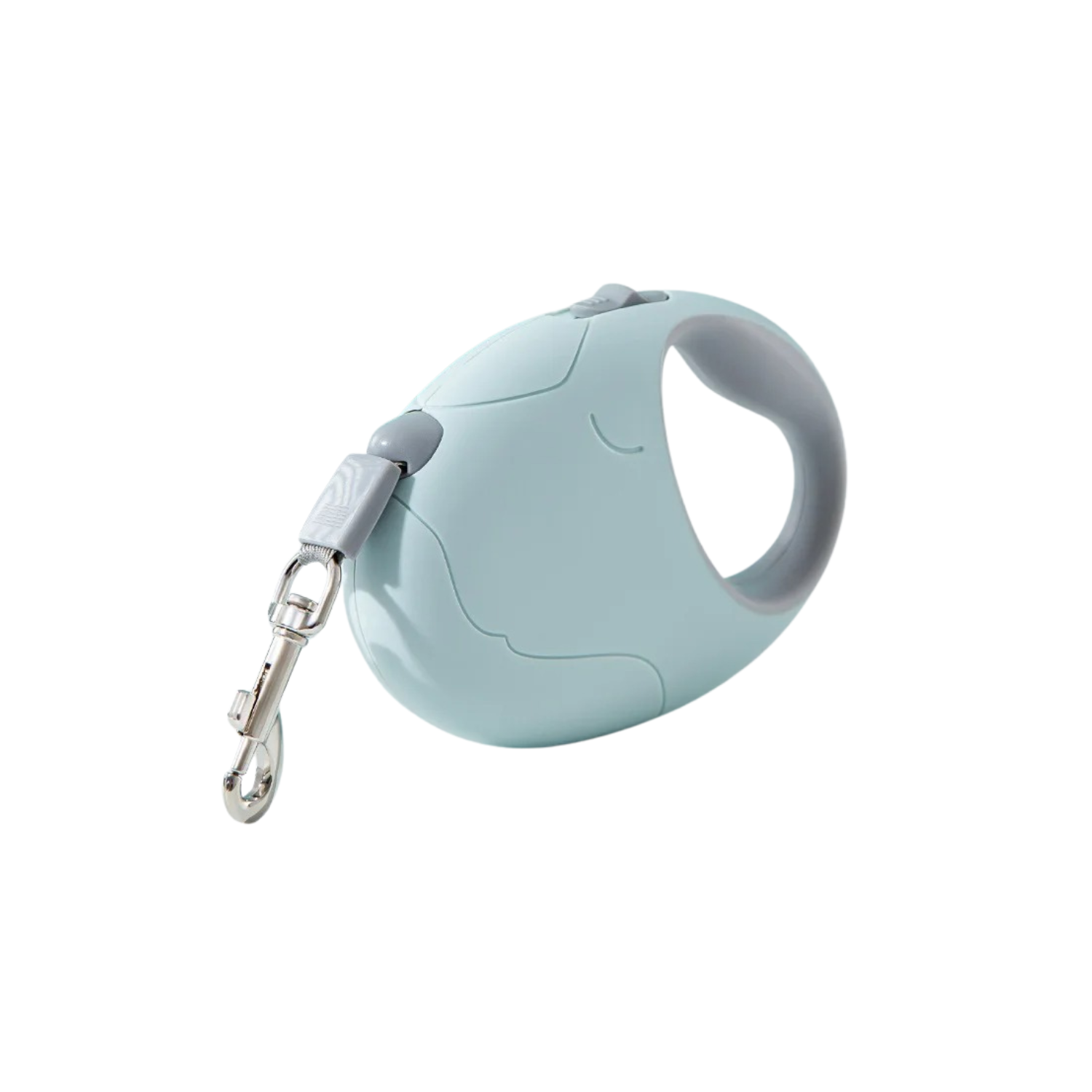 Laisse enrouleur bleu pastel pour chien avec poignée ergonomique et attache métalique robuste.