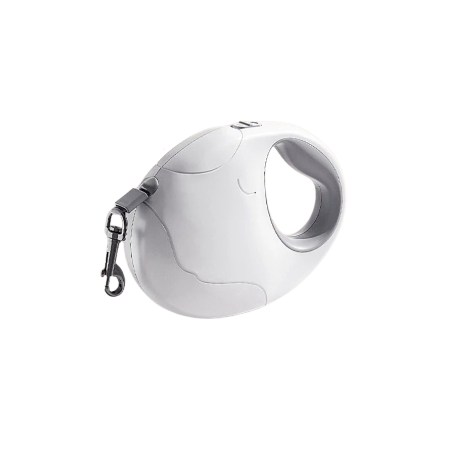 Laisse enrouleur blanche pour chien avec poignée ergonomique et clip métallique.