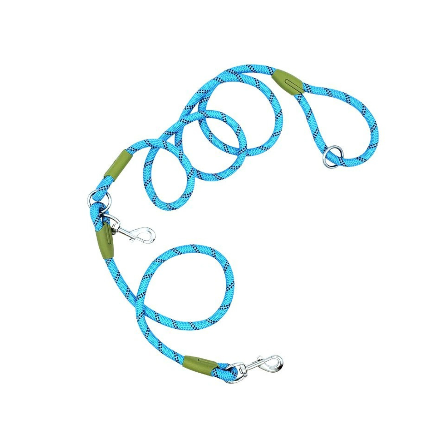 Laisse double en corde bleu réfléchissante pour chien avec mousquetons et collier intégré.