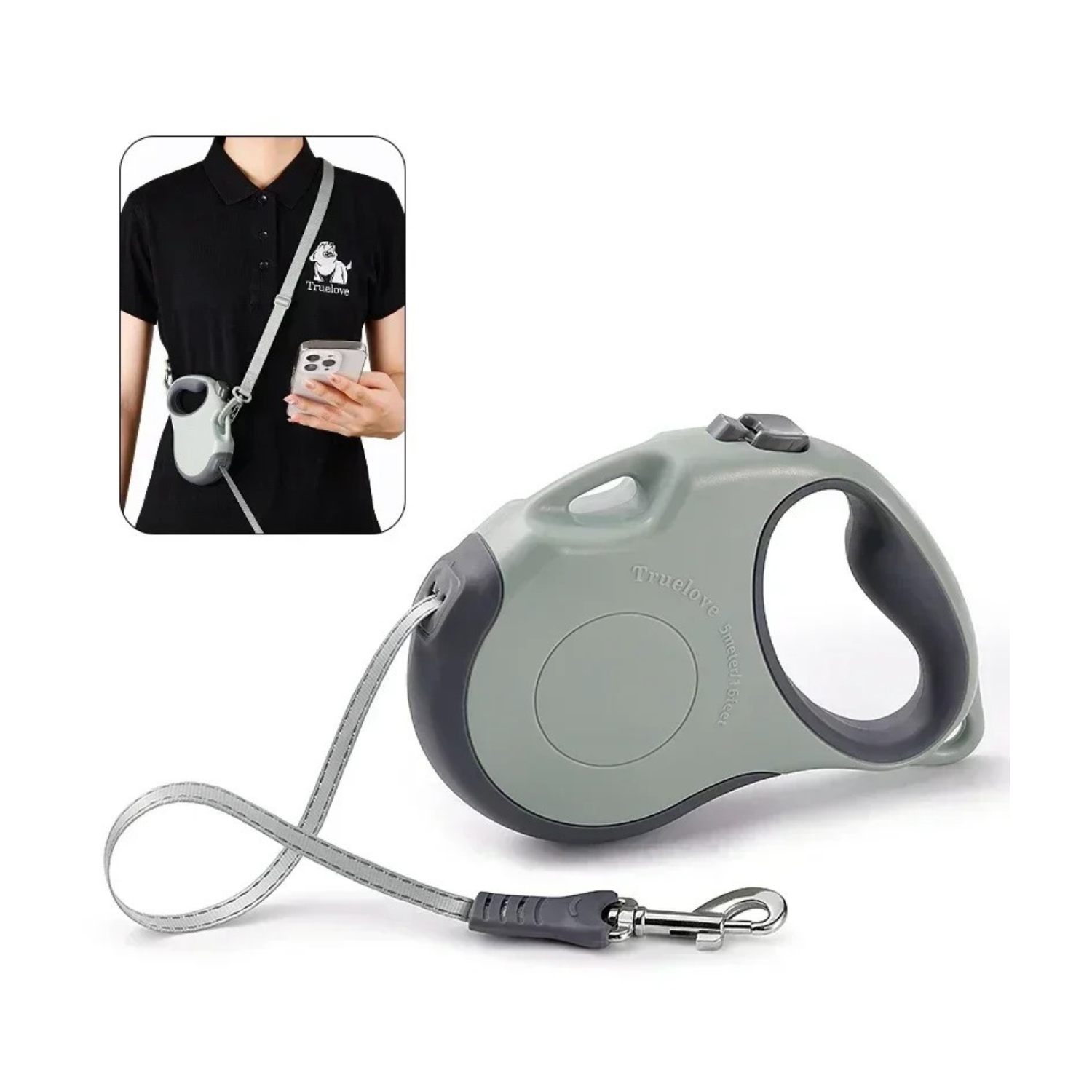 Laisse enrouleur gris avec poignée ergonomique et attache métal pour chien.
