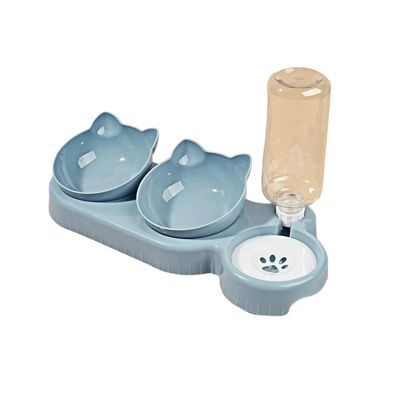 Gamelle double bleu pastel forme tête de chat avec distributeur d'eau pour chien.