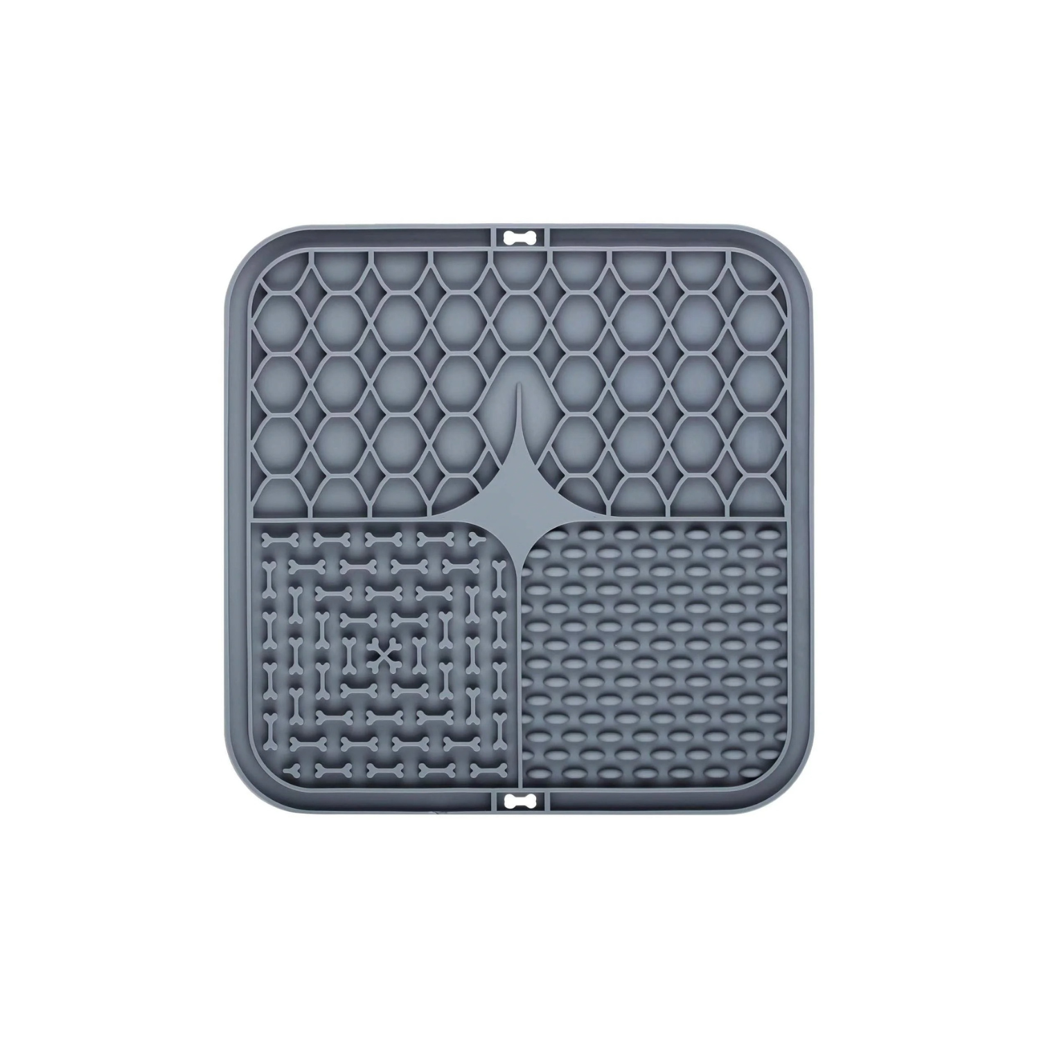 Tapis anti-glouton carré gris avec motifs pour gamelle, collier et laisse chien.