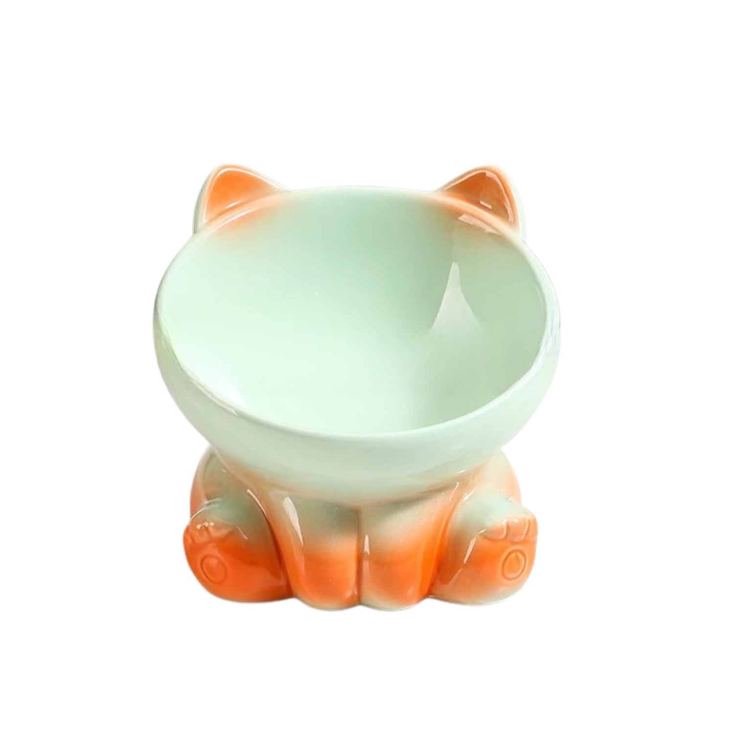 Gamelle en céramique orange et blanche en forme de chat, accessoire pour chien avec collier ou laisse.