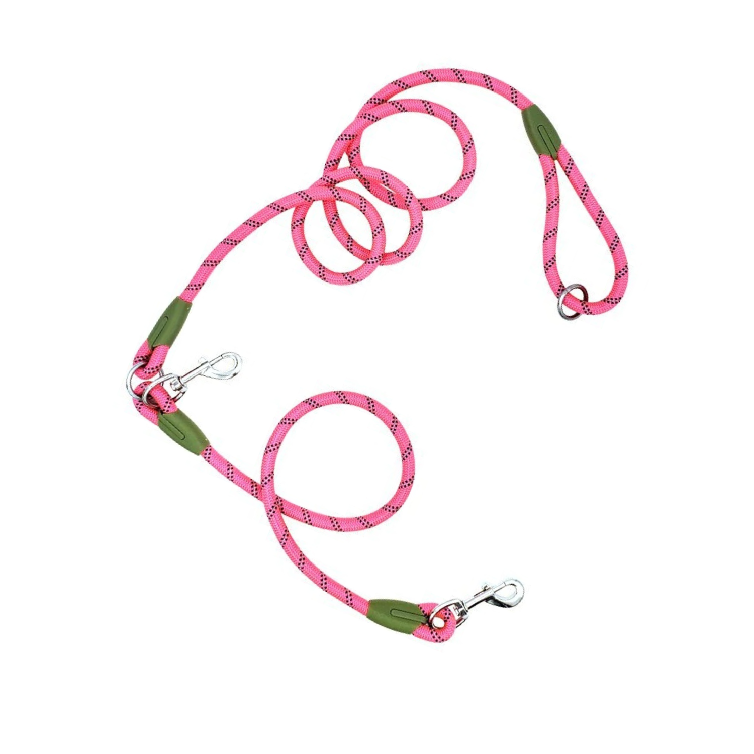 Laisse double en corde rose réfléchissante avec mousquetons pour collier chien.