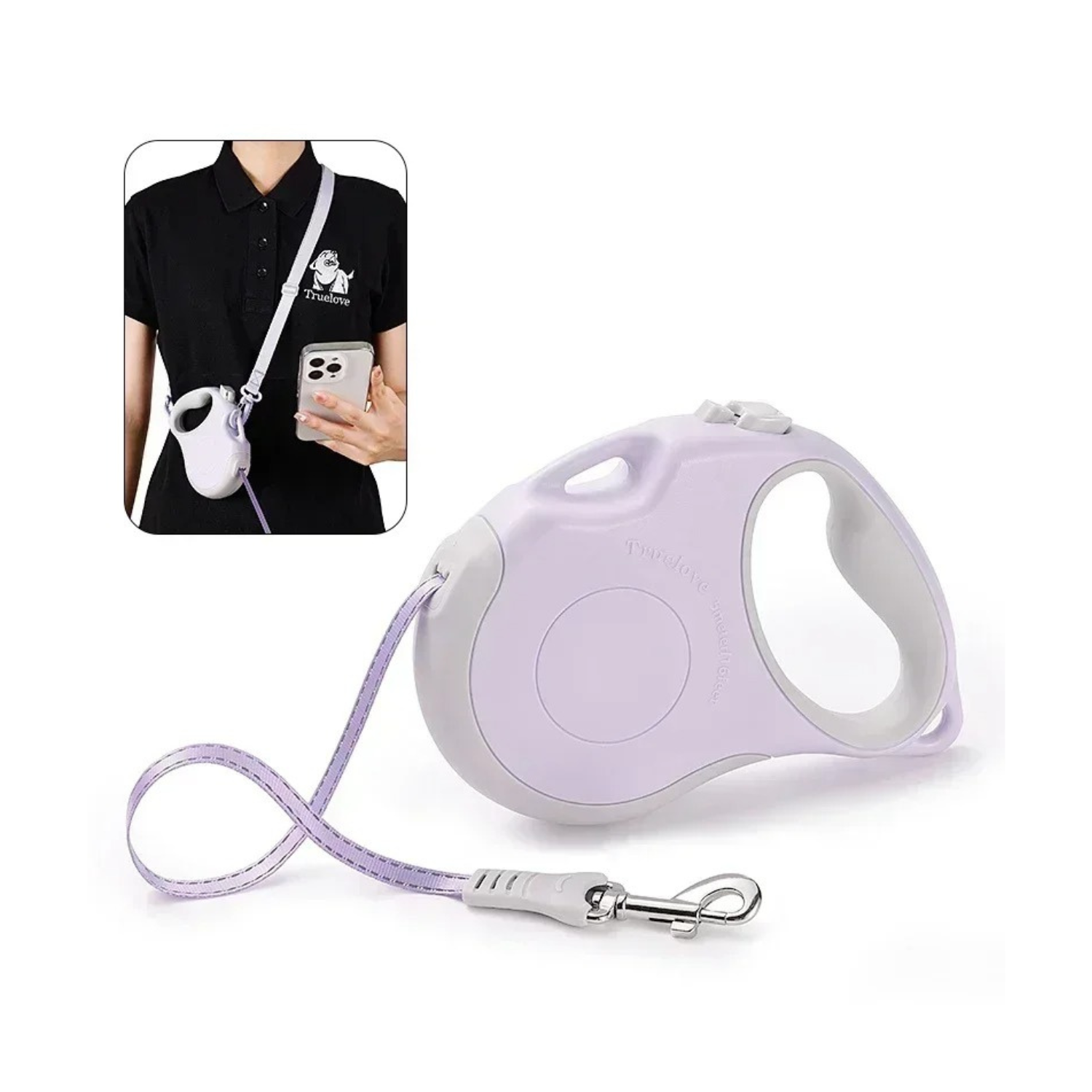 Laisse enrouleur orchidée avec collier assorti et gamelle pour chien, tenue main libre.