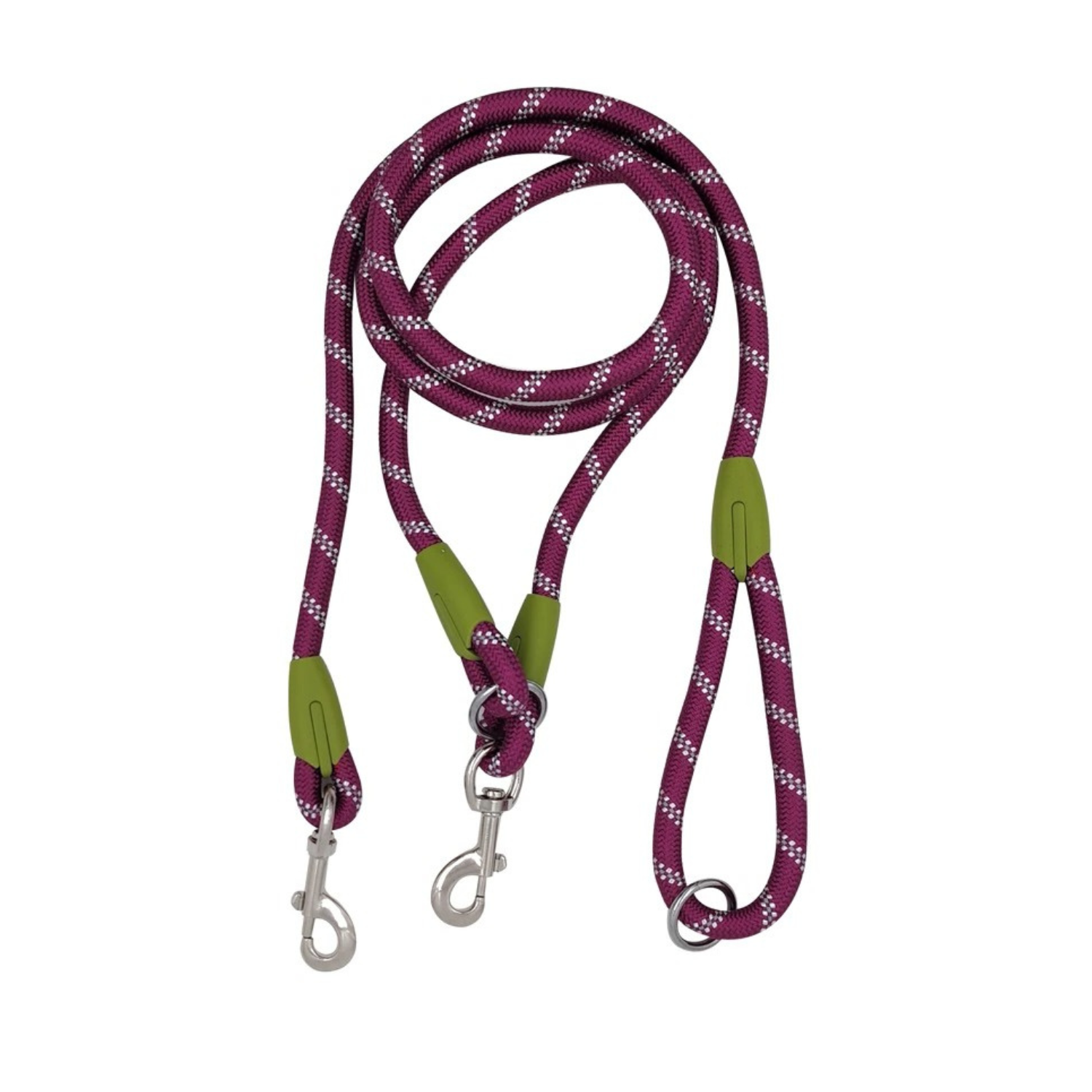 Laisse double en corde violette réfléchissante avec attaches métalliques pour chien.