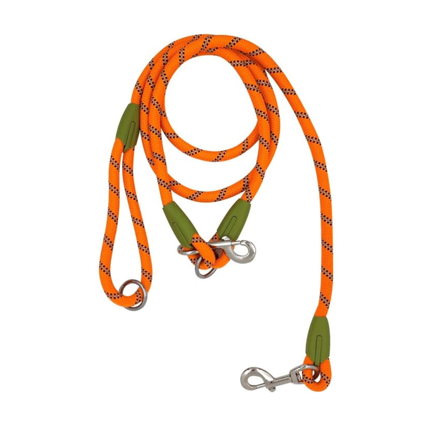 Laisse double en corde orange réfléchissante avec mousquetons métalliques pour chien.