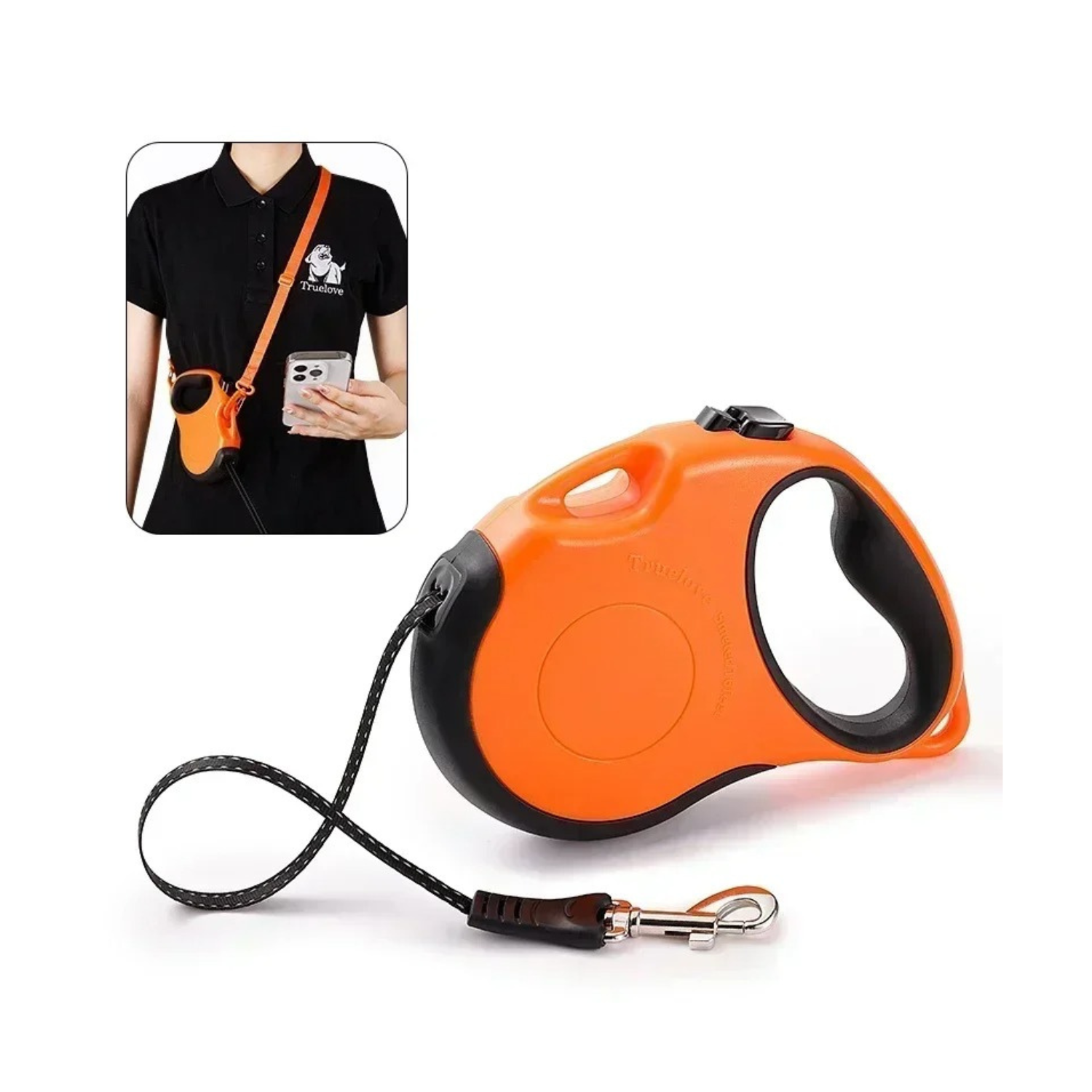 Laisse enrouleur orange et noire avec poignée ergonomique pour chien, attache métallique robuste.