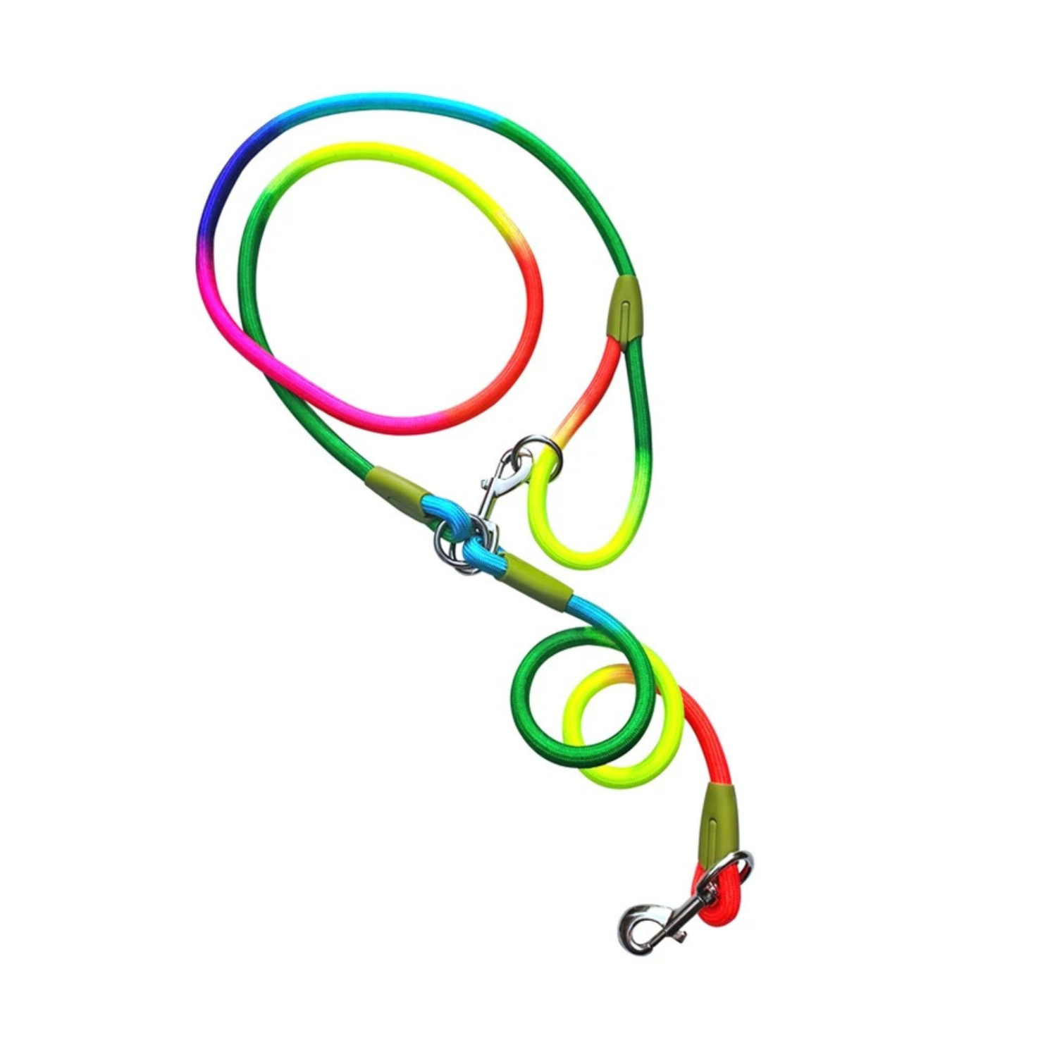 Laisse double en corde multicolore réfléchissante avec mousquetons métal pour chien.