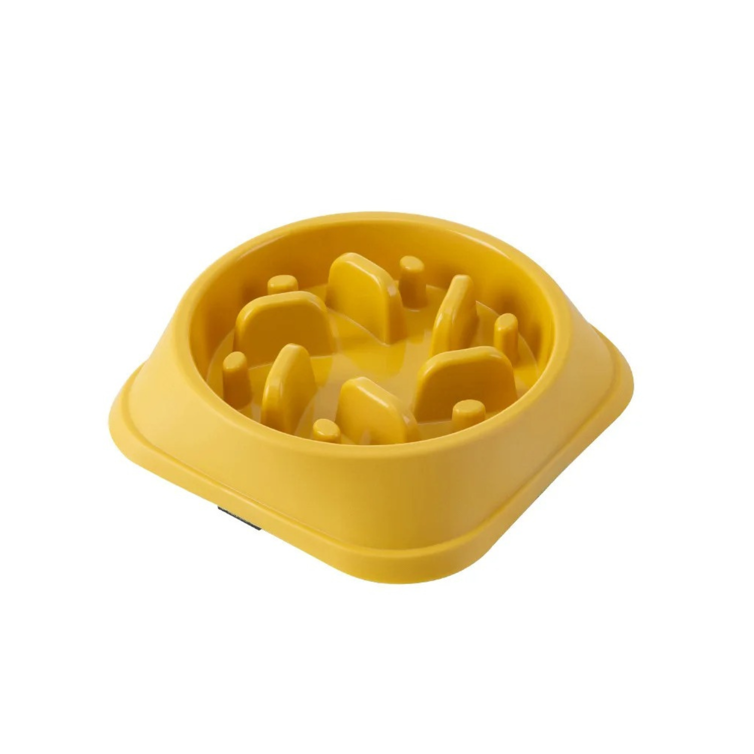 Gamelle anti-glouton jaune en plastique pour chien, design vortex.
