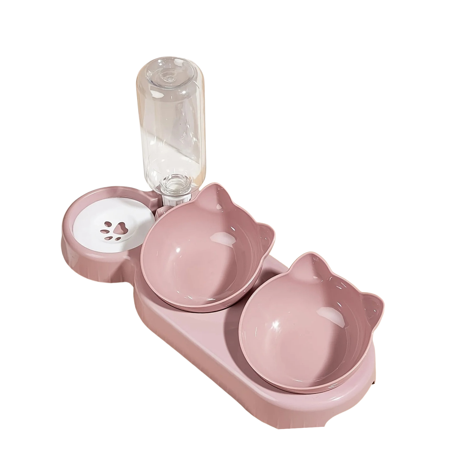 Gamelle rose en forme de chat avec distributeur d'eau pour chien et espace laisse collier.