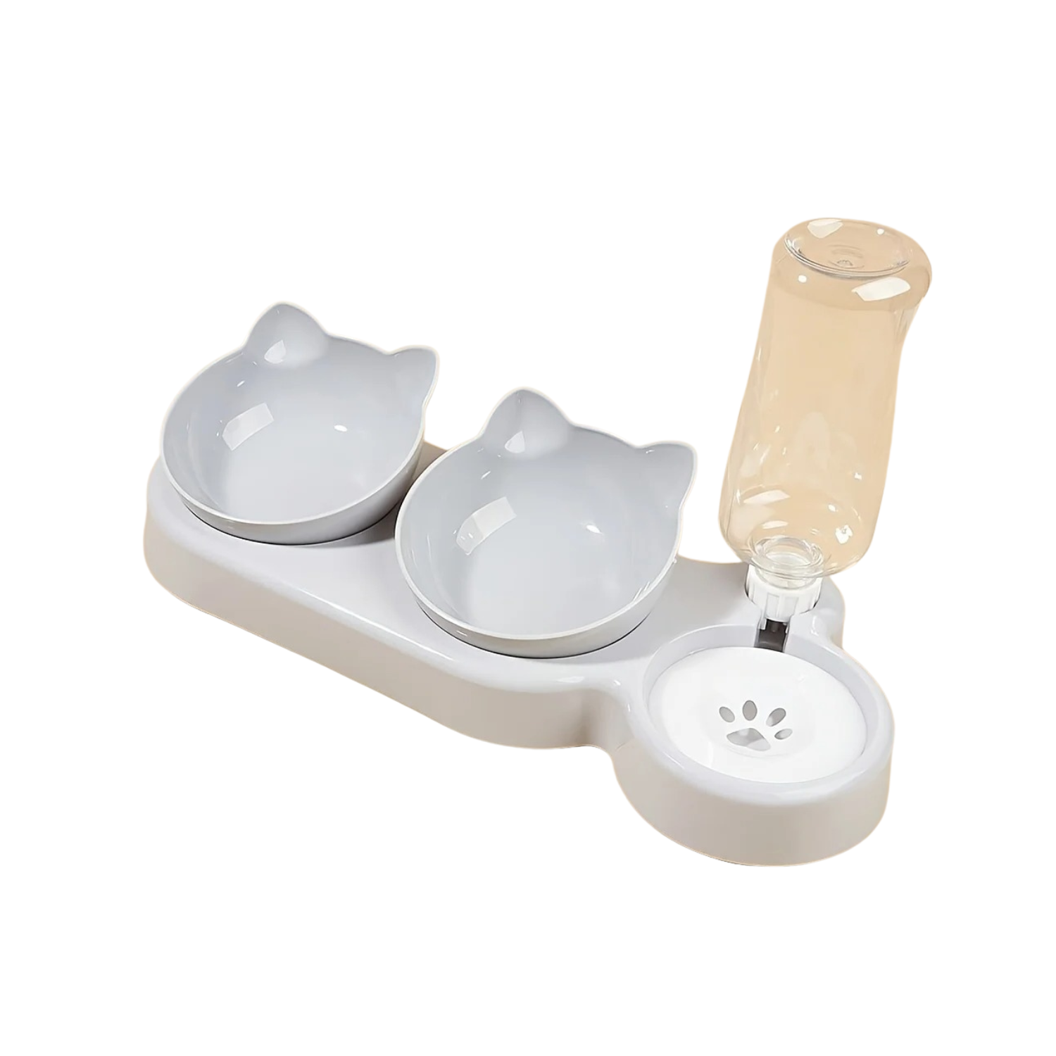 Gamelle double blanche avec distributeur d'eau beige pour chien, motif patte, collier et laisse assortis visibles.