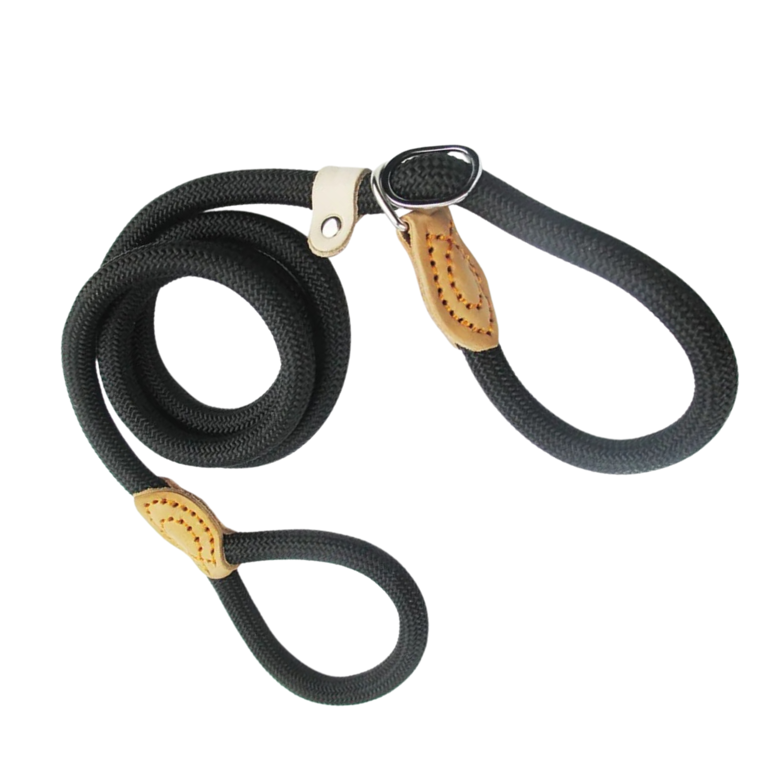 Laisse corde noire avec renforts en cuir pour chien, style élégant et résistant.
