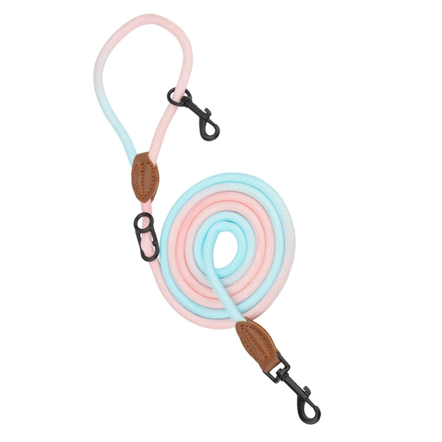 Laisse double pour chien dégradé rose et bleu avec attaches noires et détails en cuir marron.