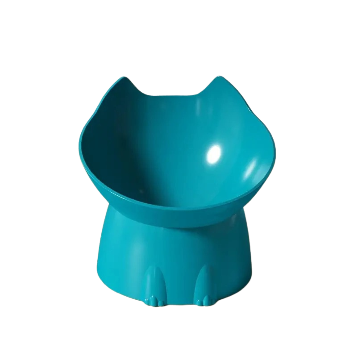 Gamelle surélevée bleu turquoise en plastique en forme de chat pour chien avec collier et laisse assortis.