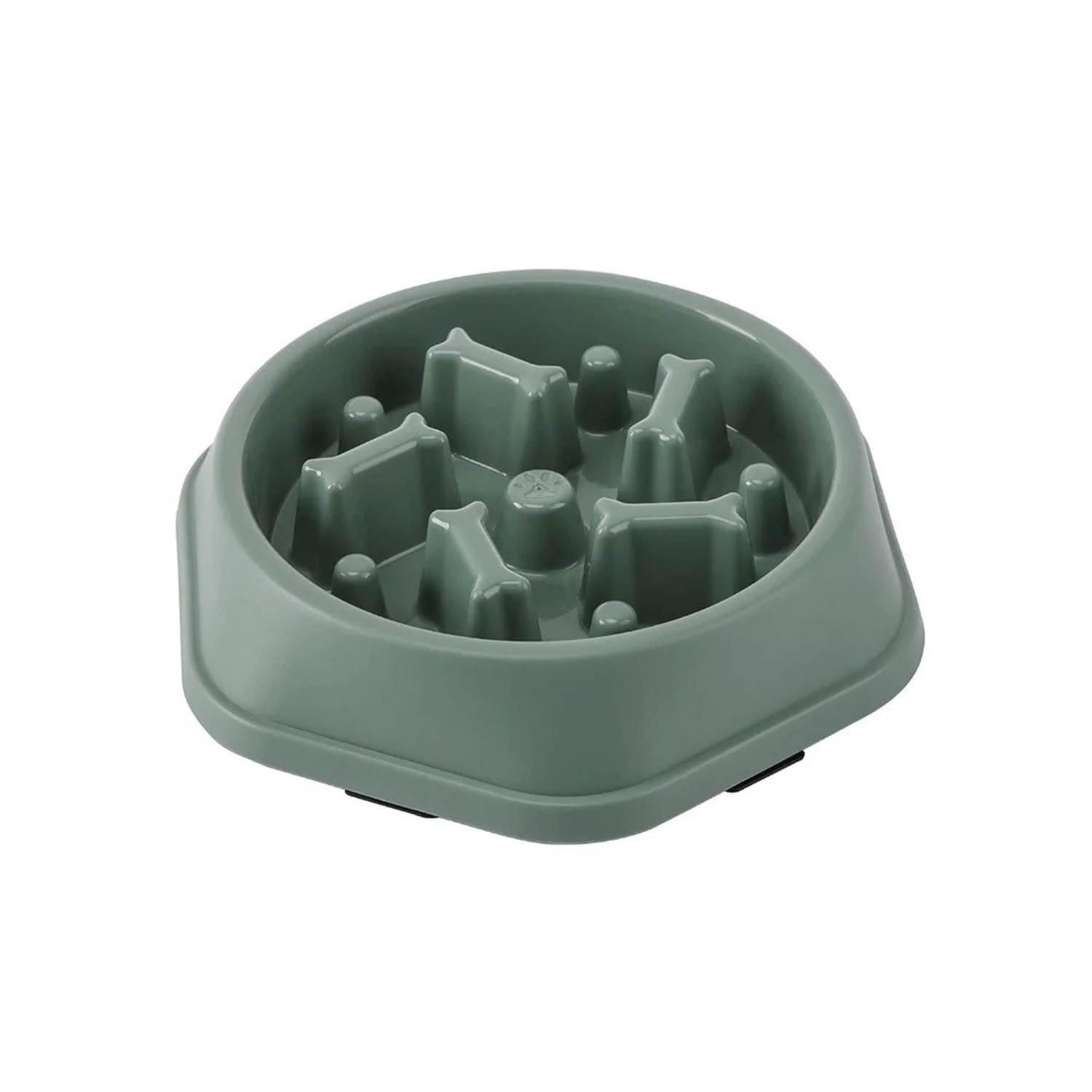Gamelle anti-glouton kaki en plastique pour chien avec design os et collier intégré.