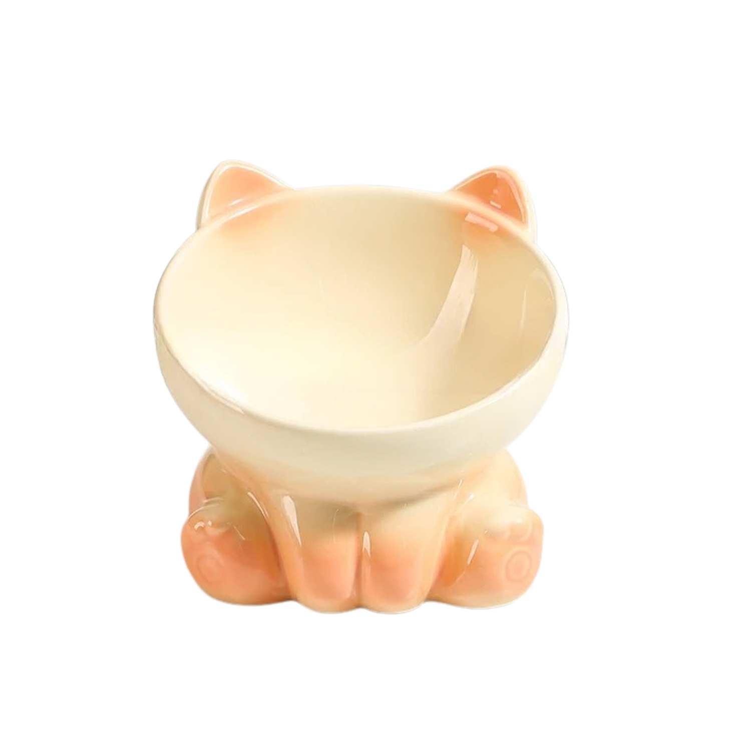 Gamelle en céramique beige en forme de chat pour chien, accessoires laisse et collier assortis visibles.