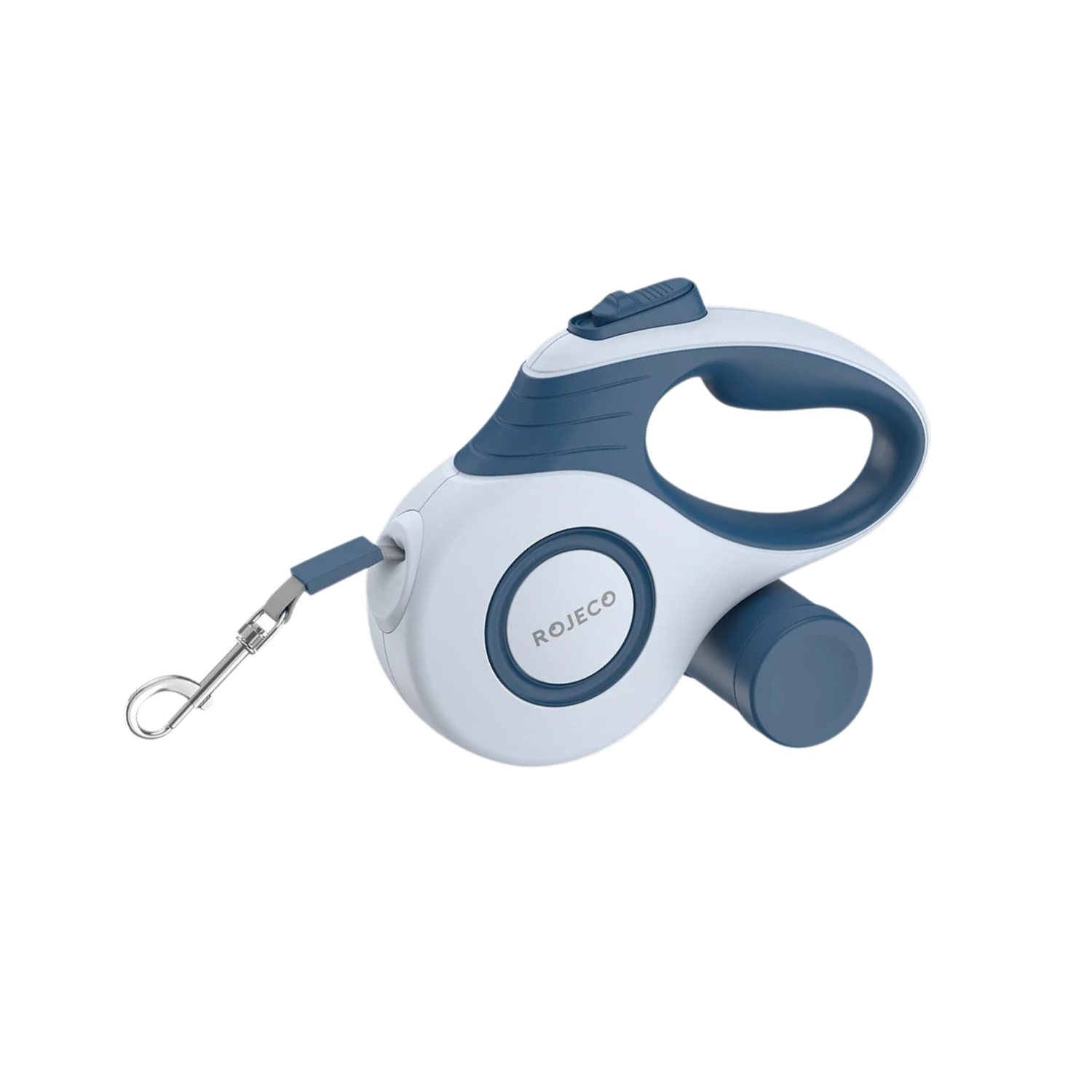 Laisse enrouleur chien ROJECO 5M bleu avec poignée ergonomique et bouton de verrouillage.