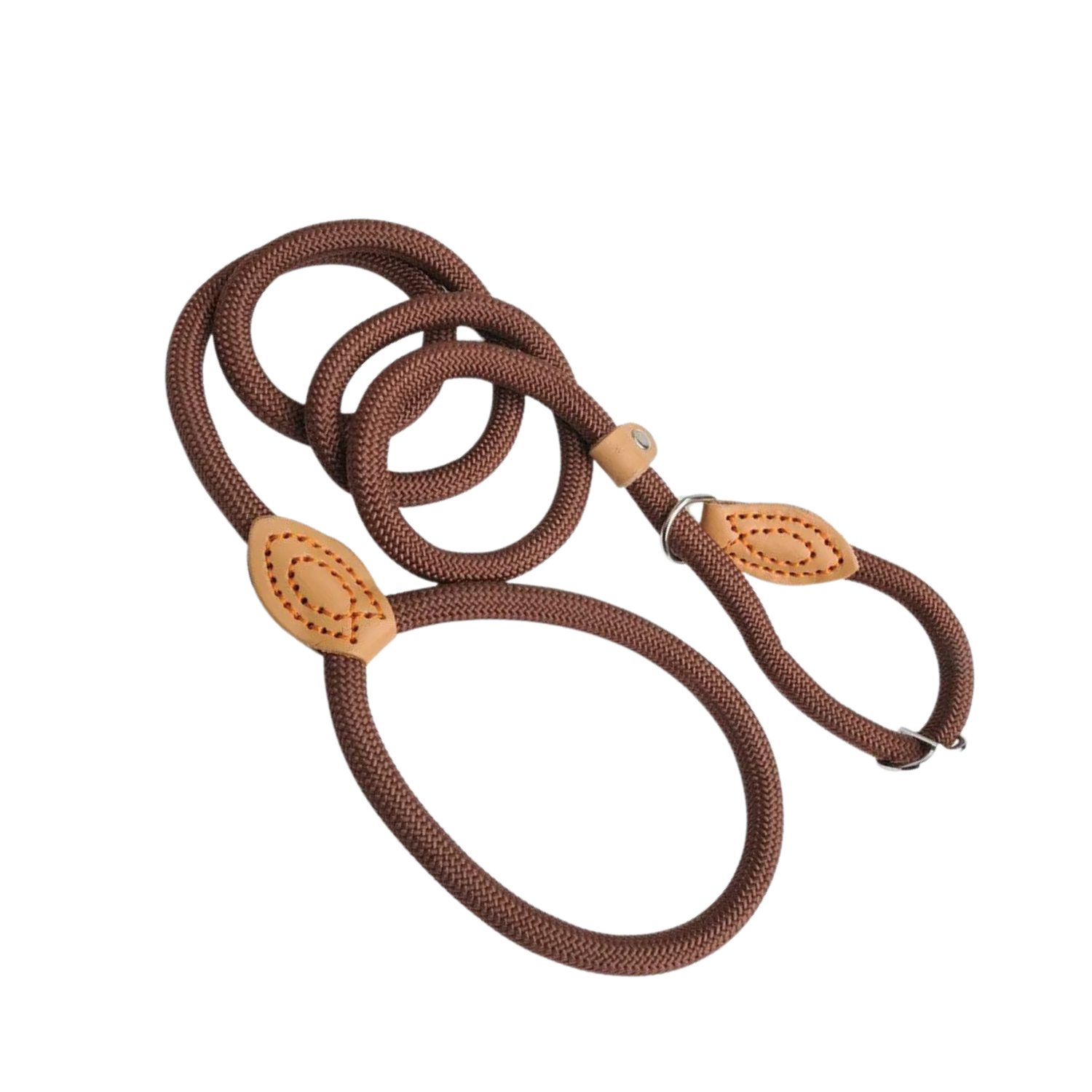 Laisse corde café avec détails cuir pour chien élégant robuste et confortable.