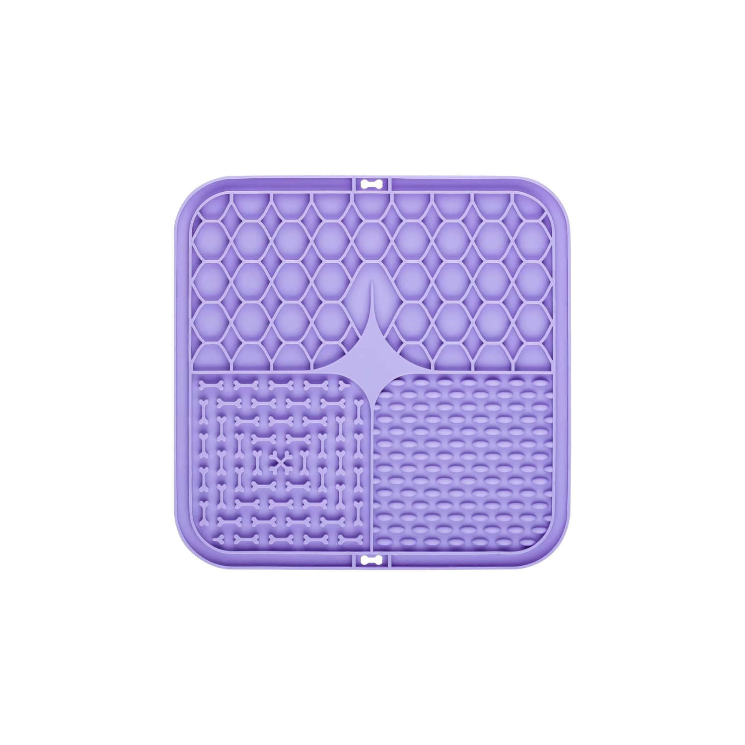 Tapis anti-glouton carré violet pour chien avec zones texturées pour gamelle et collier.