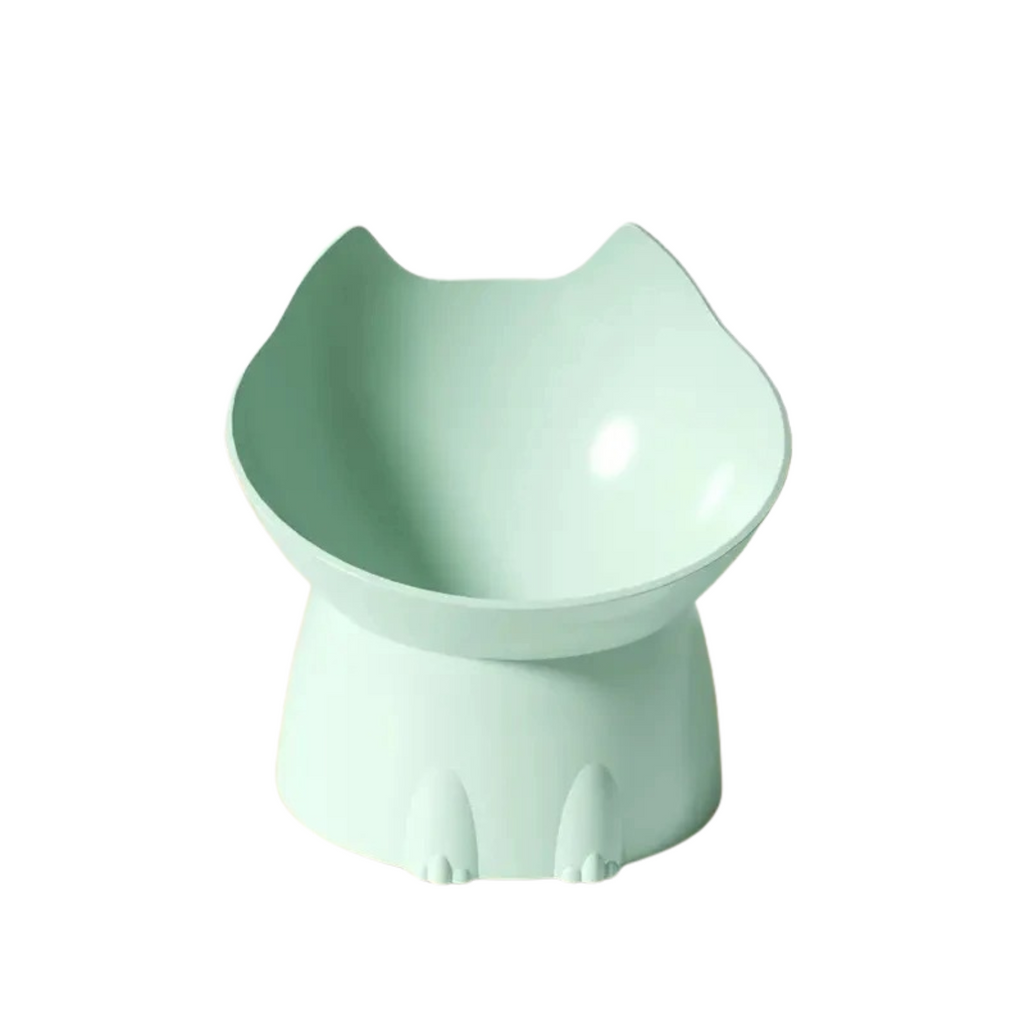 Gamelle surélevée pastel vert en forme de tête de chat, idéale pour chien avec collier et laisse.