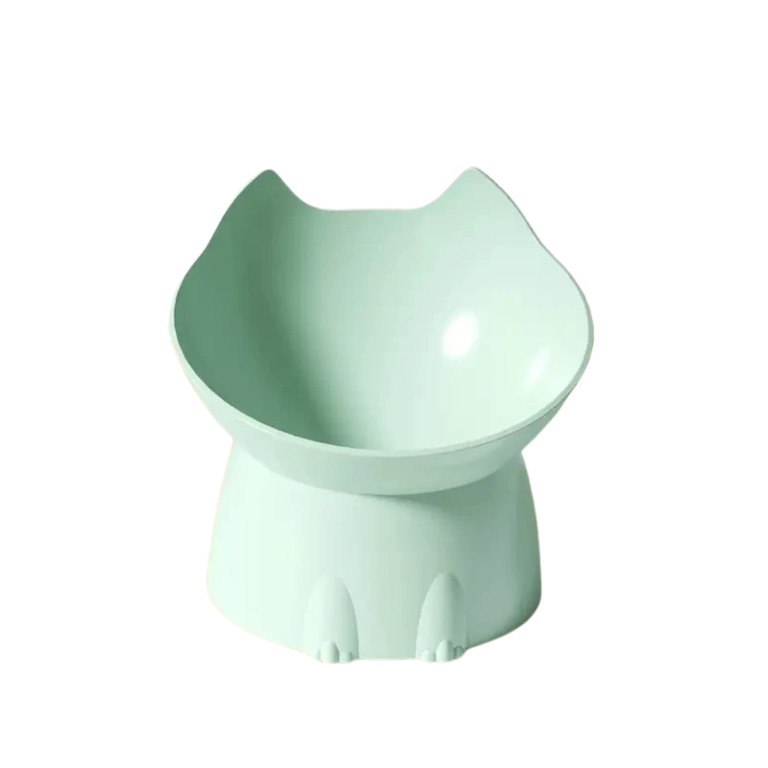 Gamelle surélevée pastel vert en forme de tête de chat, idéale pour chien avec collier et laisse.