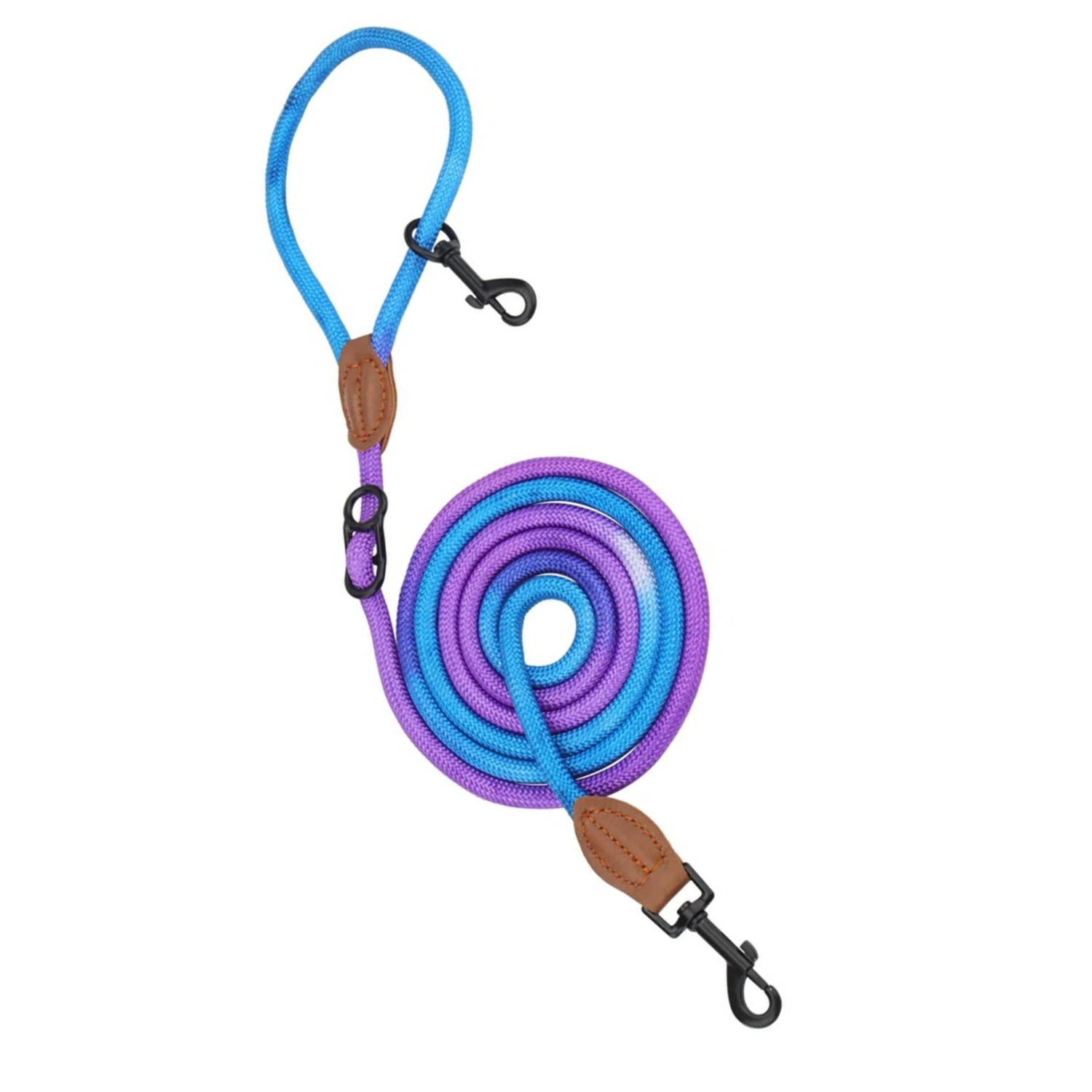 Laisse double pour chien en dégradé bleu et violet avec attaches en métal et cuir.