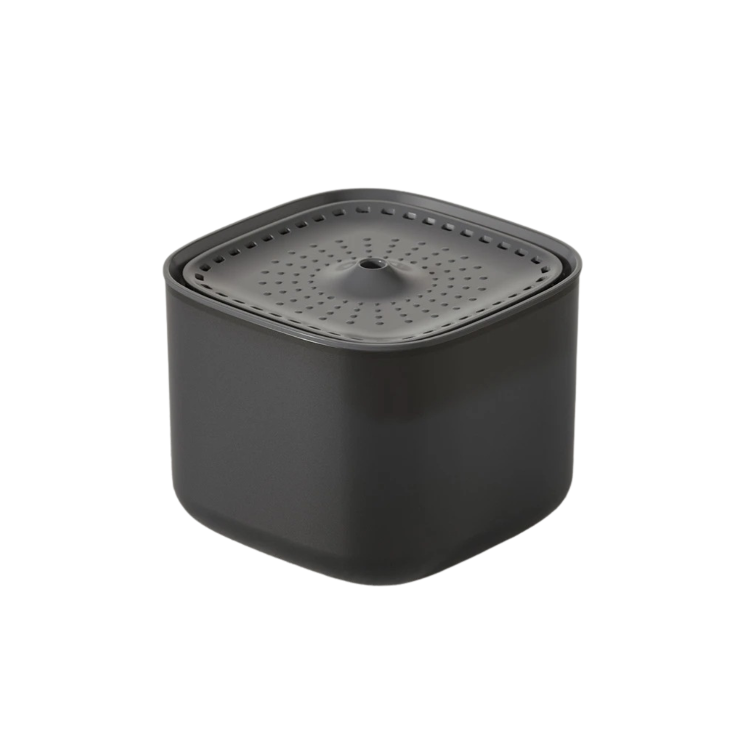 Fontaine à eau noire carrée pour chien avec gamelle intégrée, compatible collier et laisse.