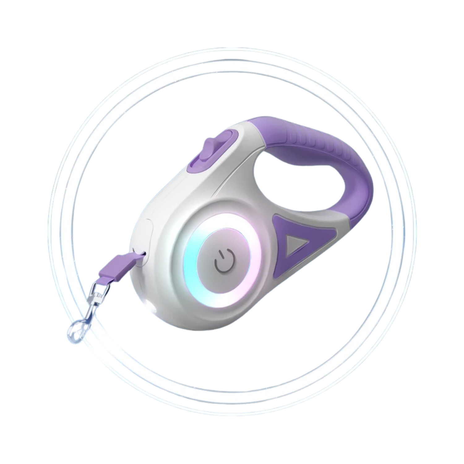 Laisse enrouleur Luminus violet avec poignée ergonomique et bouton lumineux pour chien.