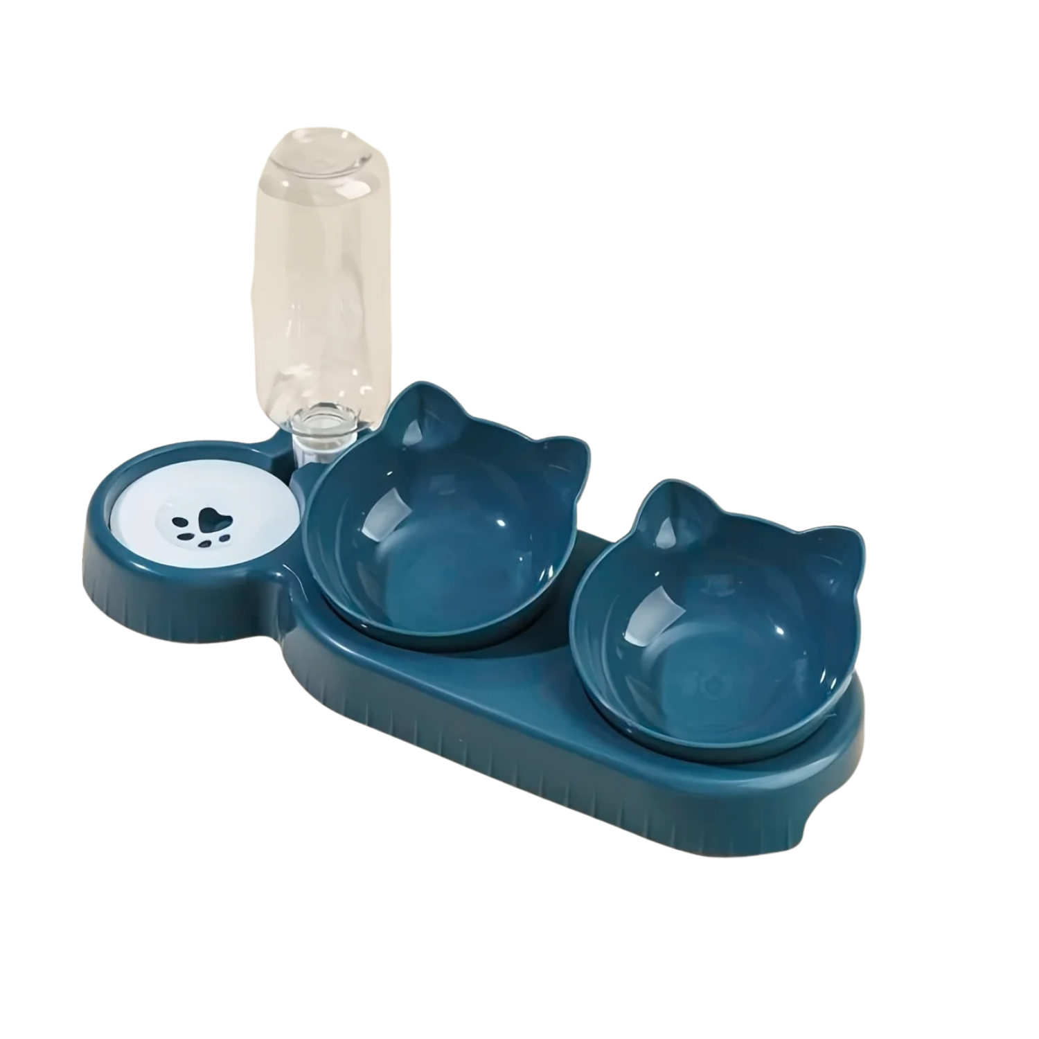 Gamelle bleue navy double en forme de tête de chat avec distributeur d'eau pour chien.