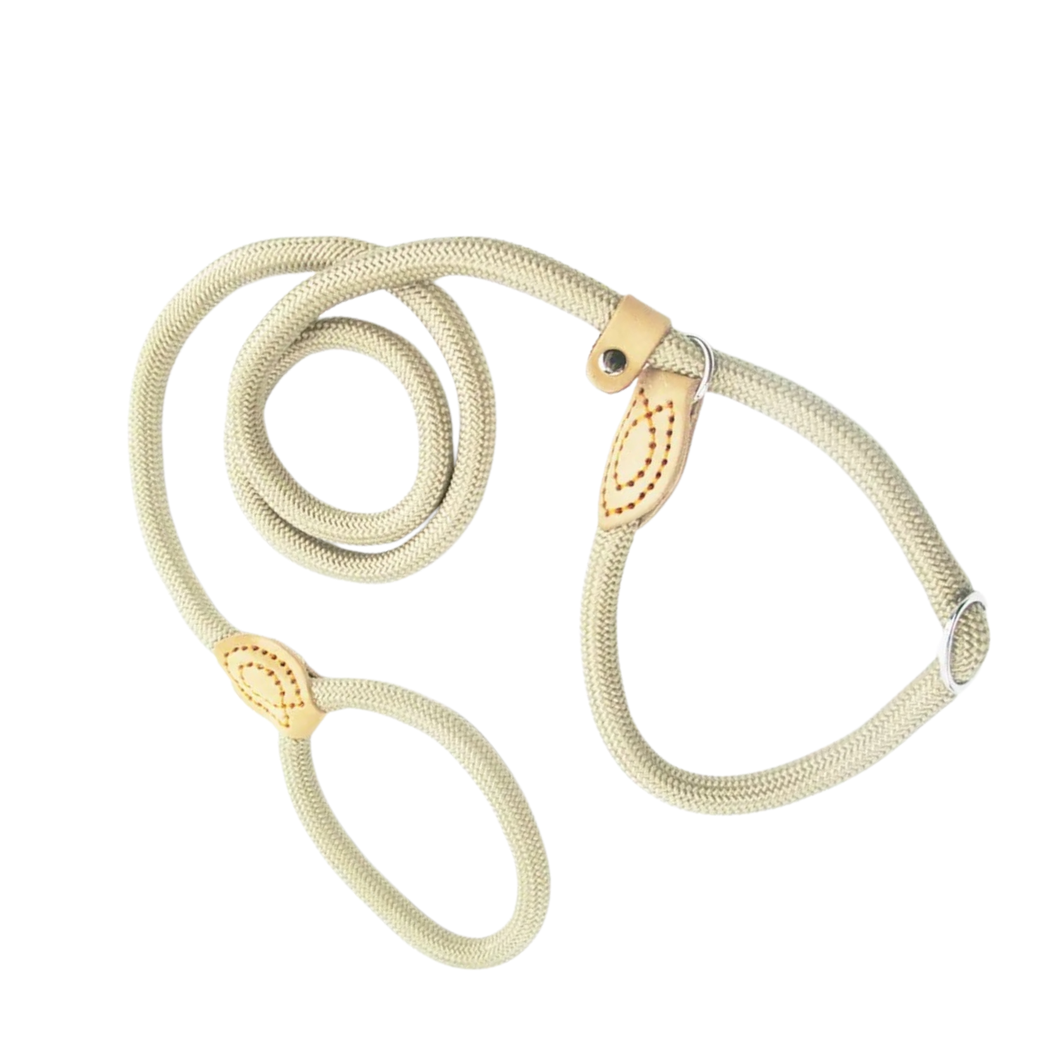 Laisse corde beige avec finitions cuir pour chien, style collier ajustable.