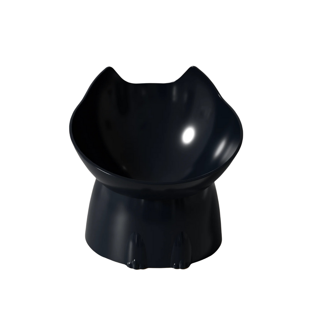 Gamelle surélevée noire en forme de tête de chat, design moderne pour chien avec collier et laisse assortis.