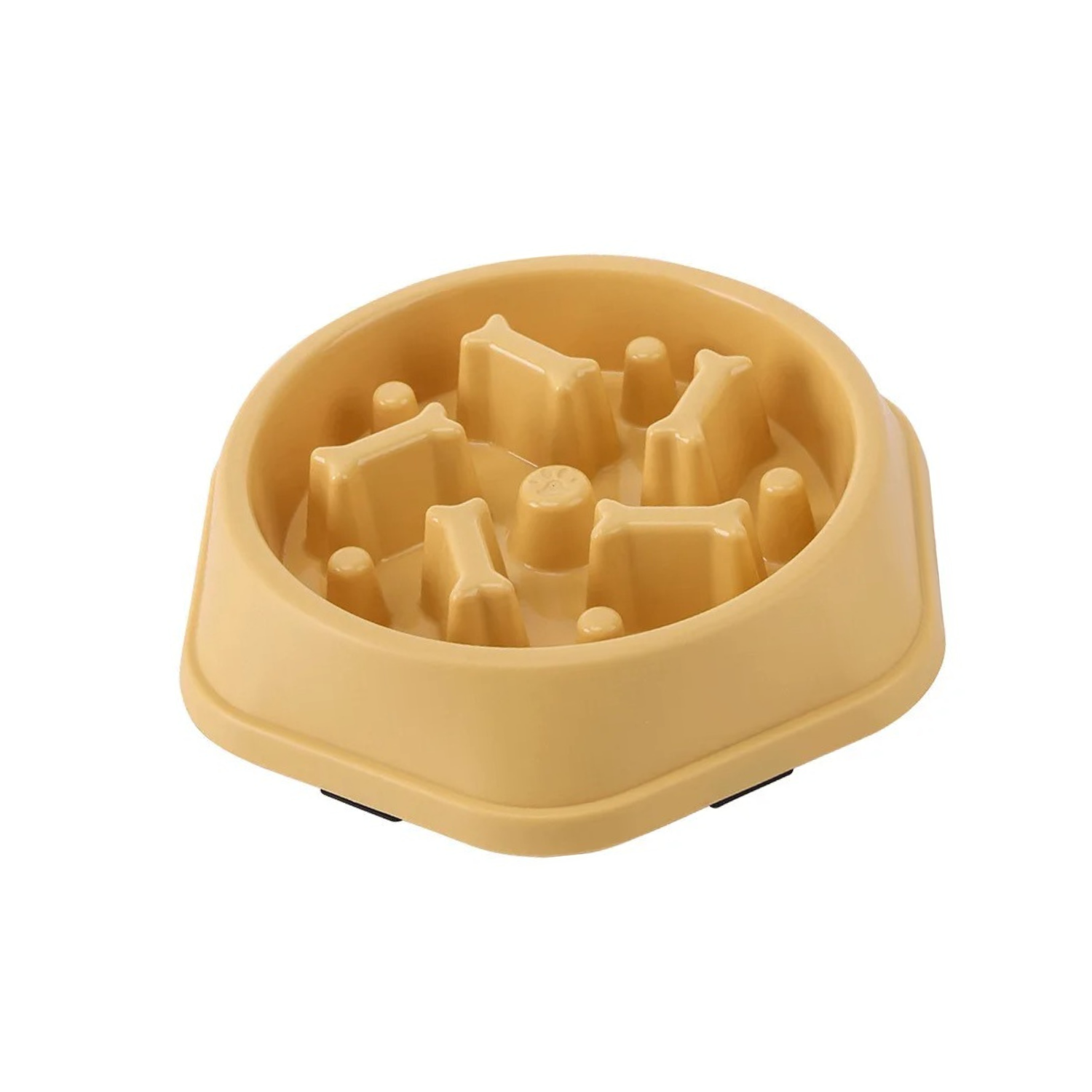 Gamelle anti-glouton jaune en plastique pour chien avec motifs os.