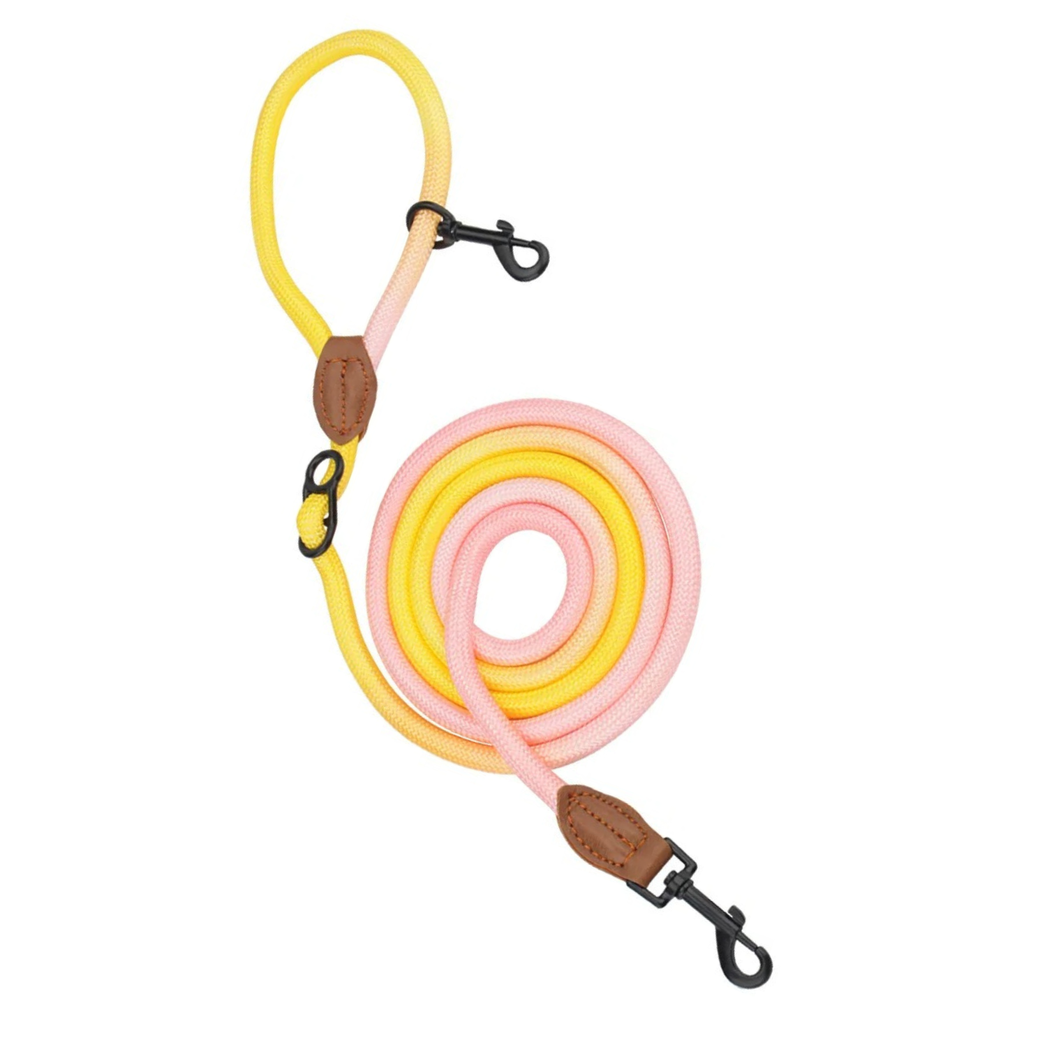 Laisse double pour chien en dégradé rose, jaune avec attaches noires et détails en similicuir brun.