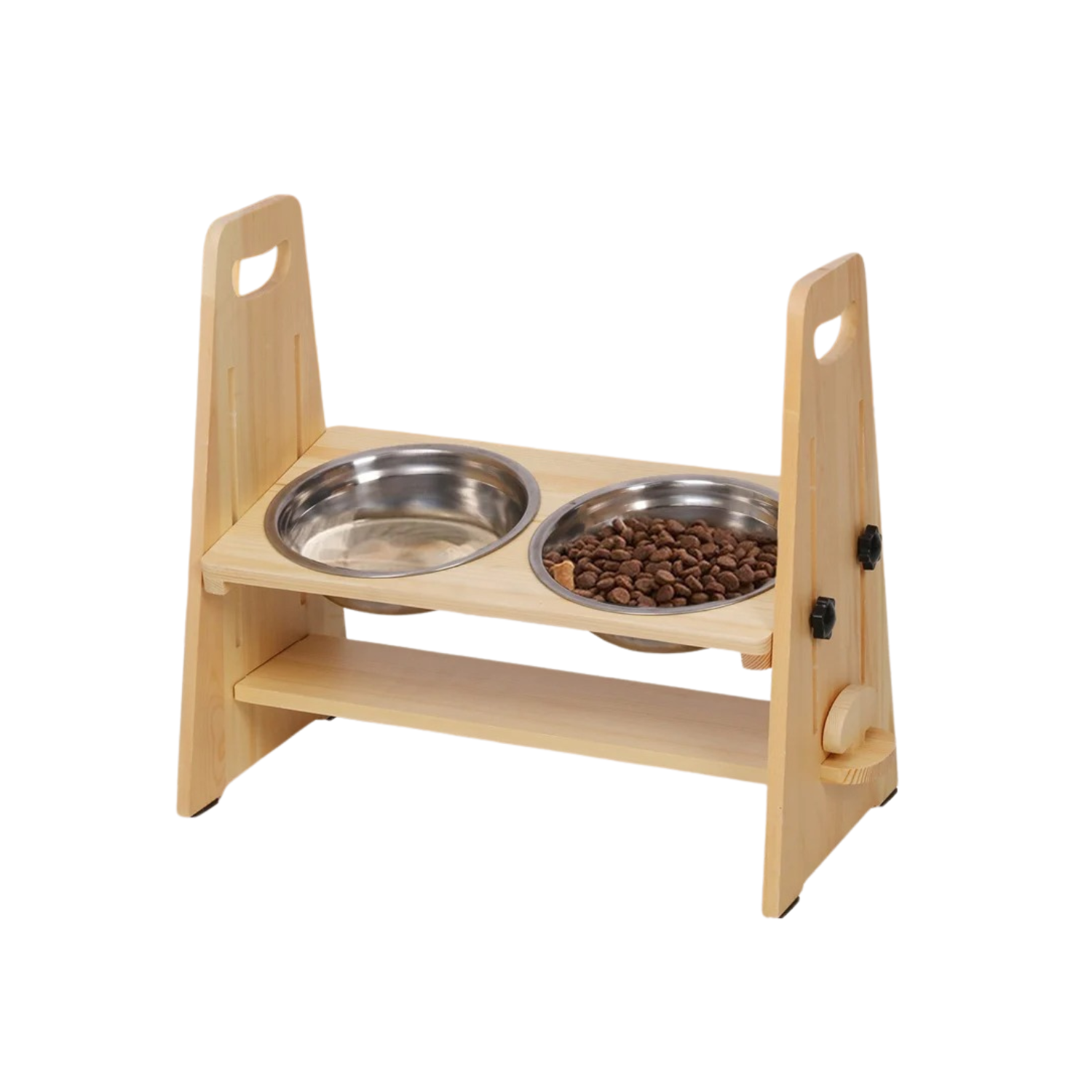 Gamelle chien surélevée en bois clair avec deux bols en acier inox pour collier et laisse.