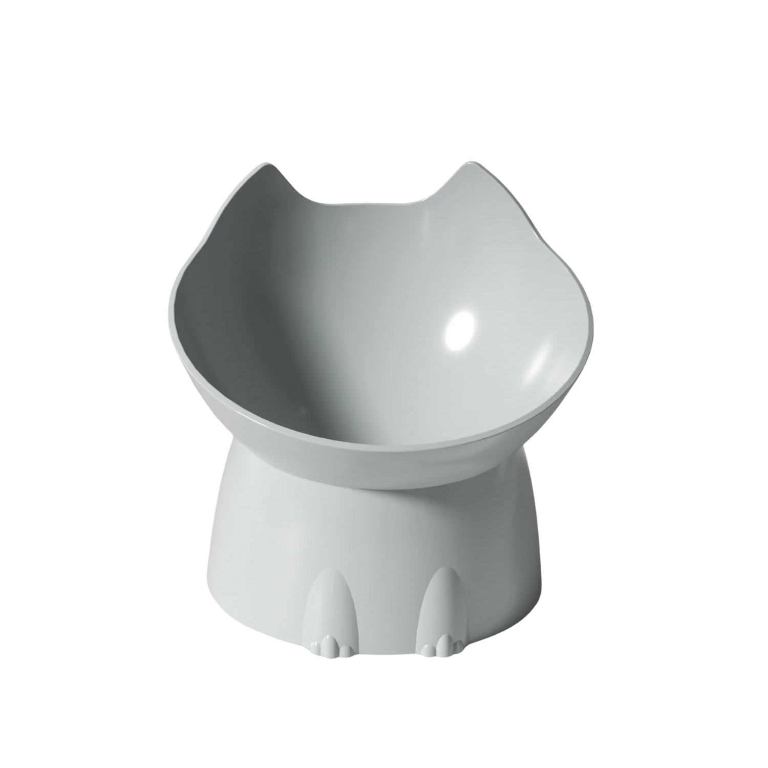 Gamelle surélevée grise en forme de tête de chat sans laisse ni collier, pour chien ou chat.