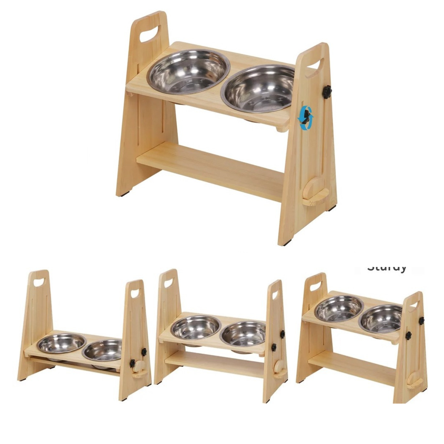 Gamelle chien surélevée bois clair avec deux bols inox, support stable pour collier et laisse.