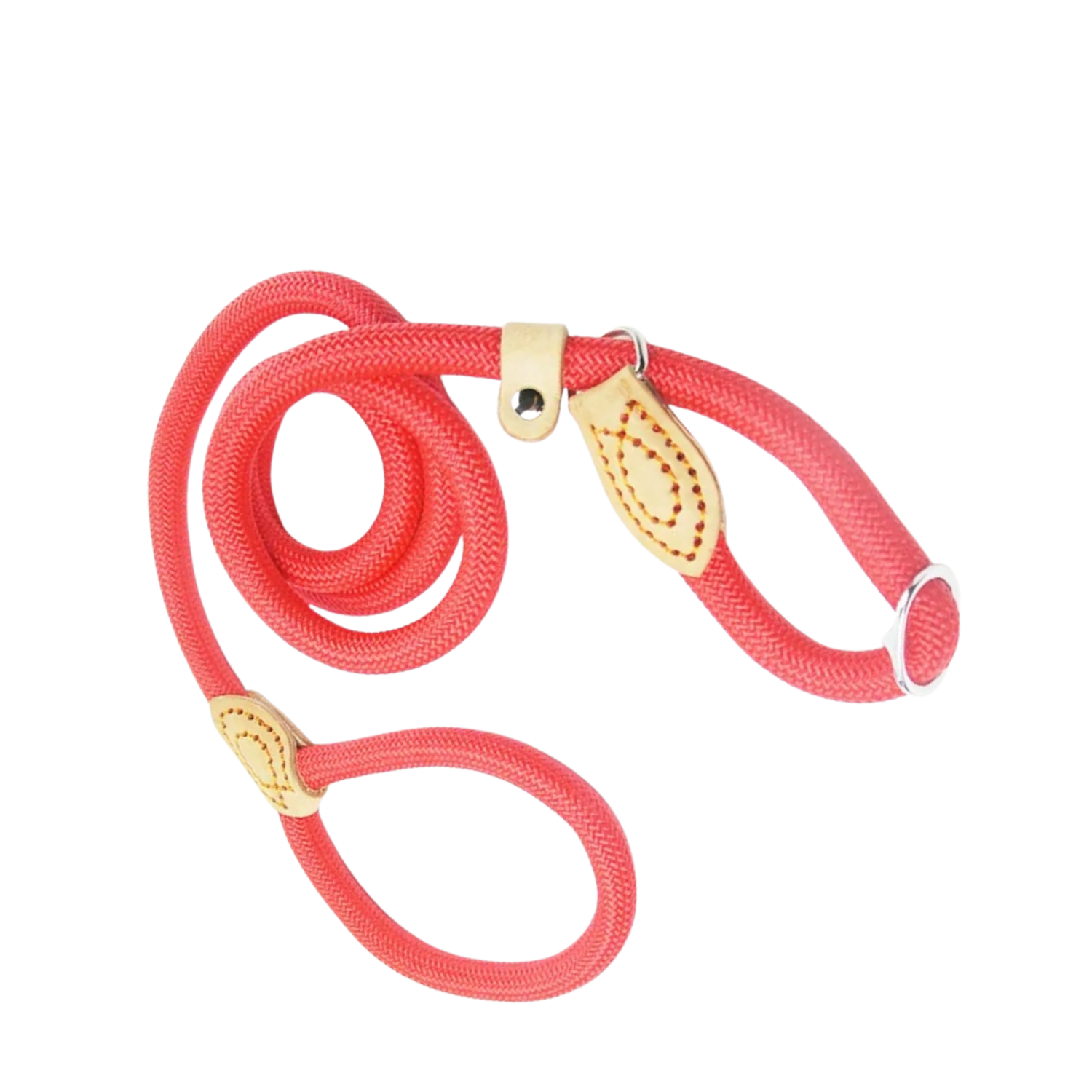 Laisse corde rouge pour chien avec détails en cuir et boucle métallique.