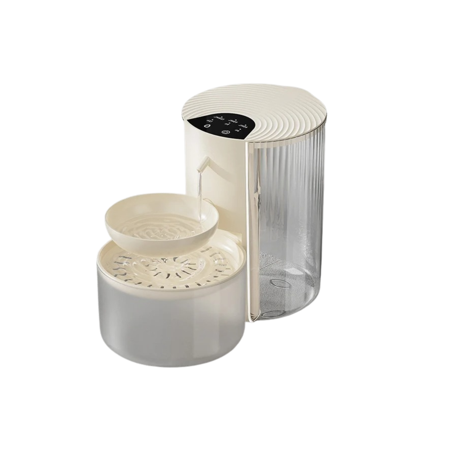 Fontaine à eau beige pour chien avec gamelle intégrée et espace pour collier et laisse.