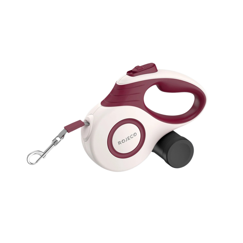 Laisse enrouleur rouge pour chien avec collier intégré et support de gamelle.
