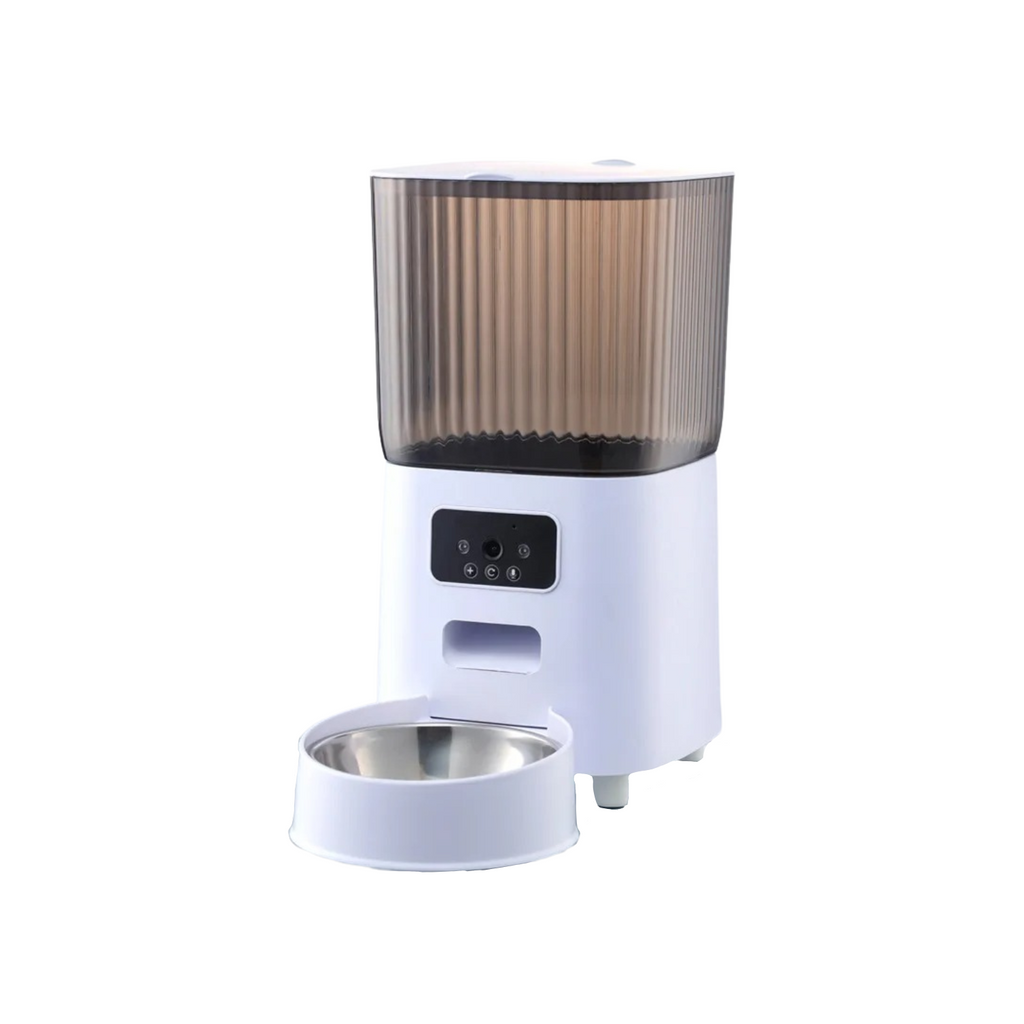 Distributeur de croquettes blanc avec gamelle en acier inoxydable et caméra intégrée pour chien.
