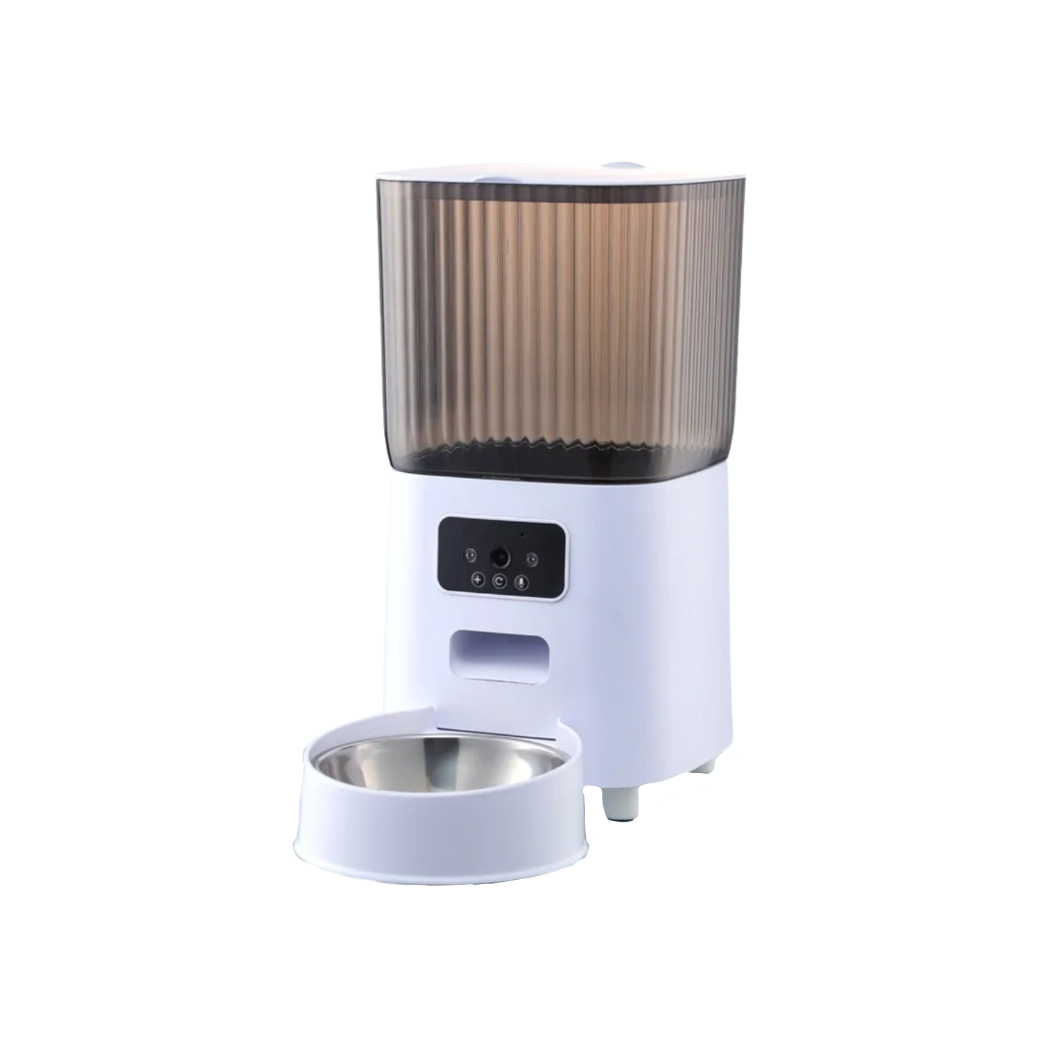 Distributeur de croquettes blanc avec gamelle en acier inoxydable et caméra intégrée pour chien.